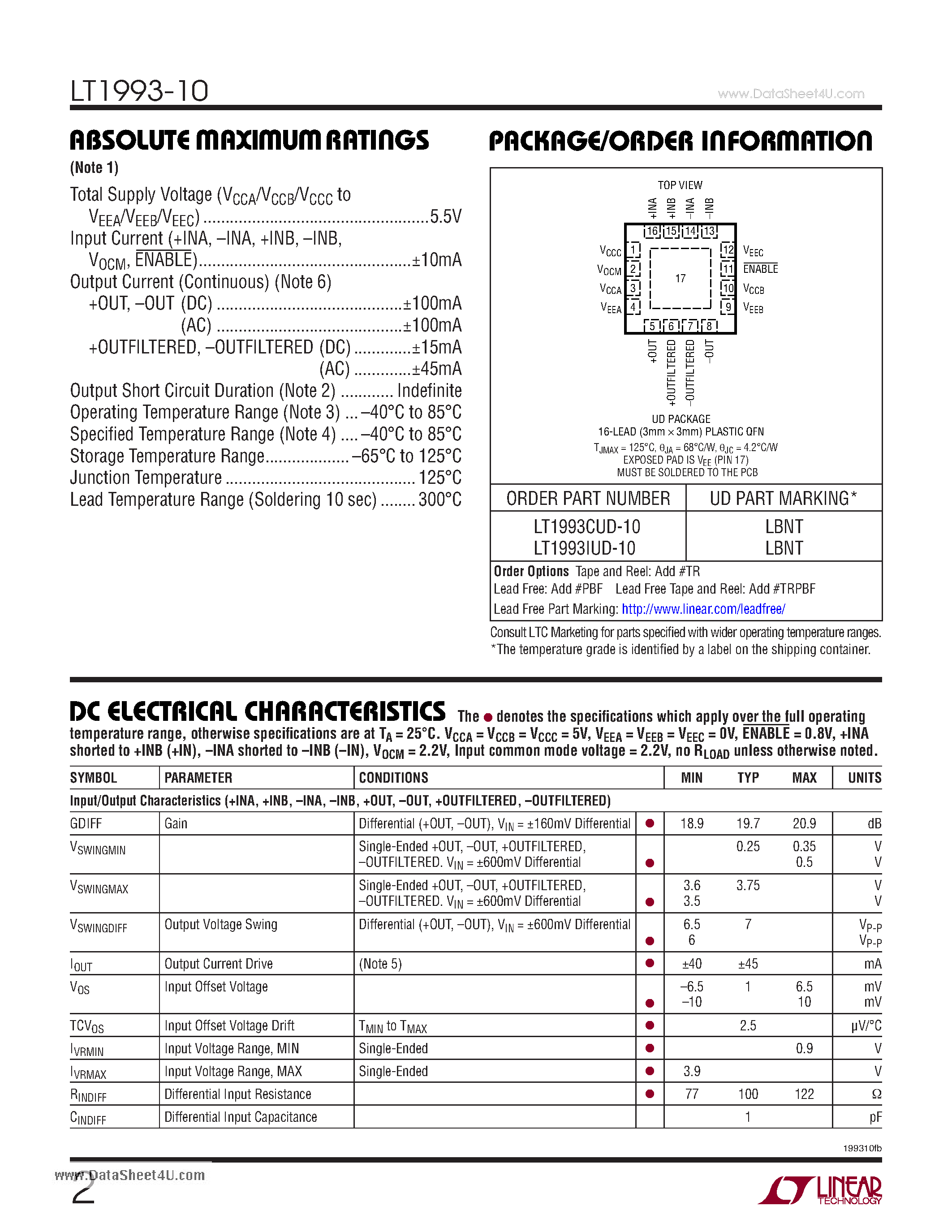 Datasheet LT1993-10 - 700MHz Low Distortion - Low Noise Differential Amplifier/ADC Driver page 2