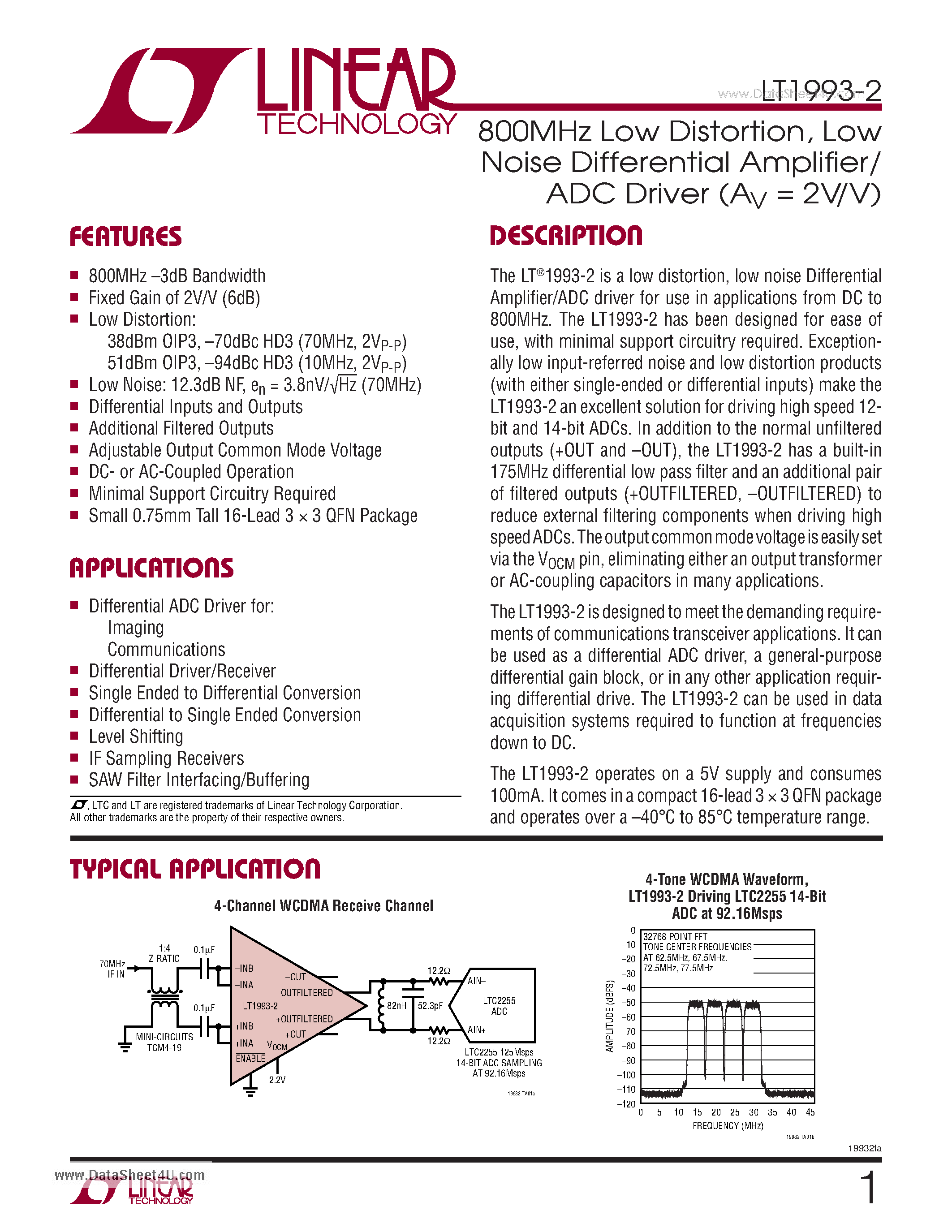 Datasheet LT1993-2 - 800MHz Low Distortion - Low Noise Differential Amplifier/ADC Driver page 1