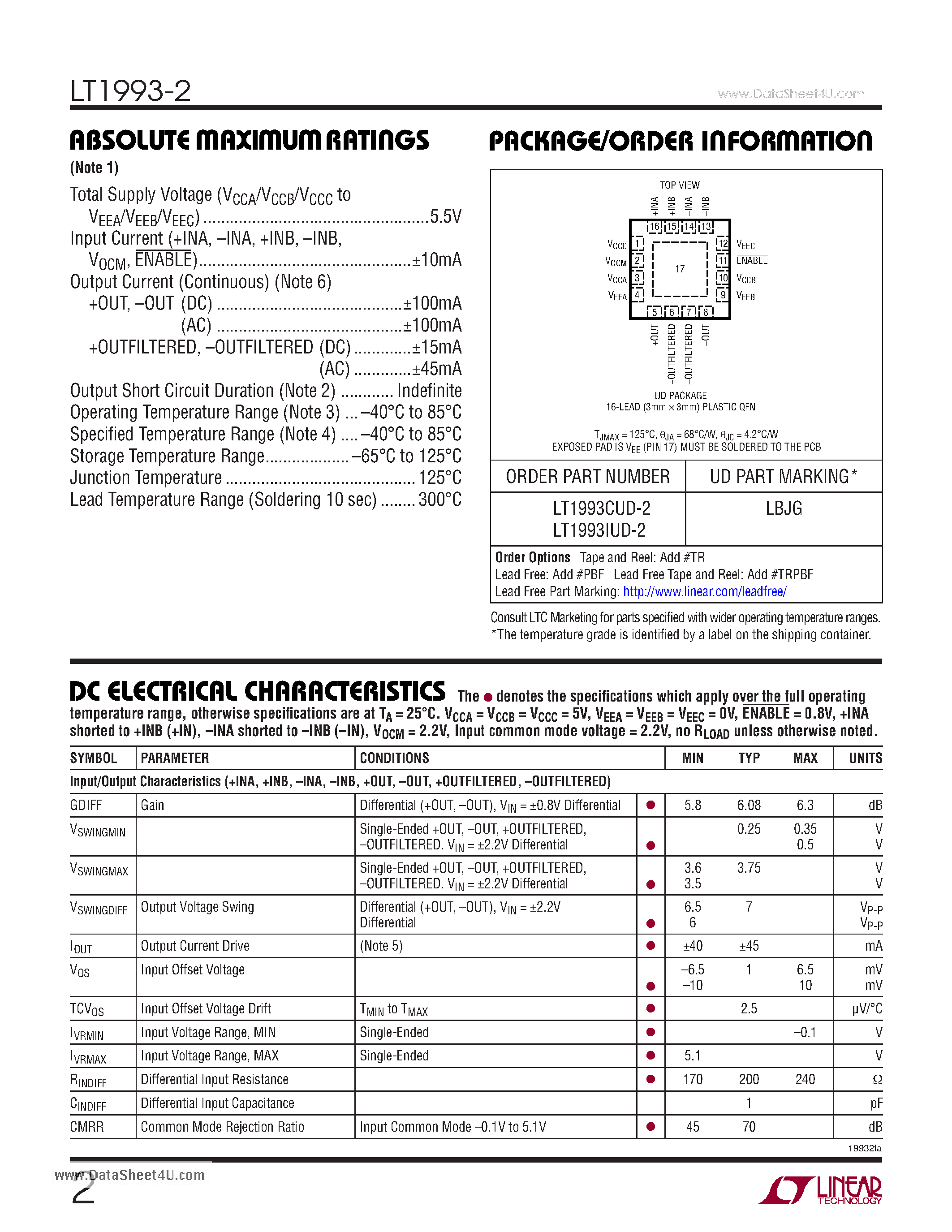 Datasheet LT1993-2 - 800MHz Low Distortion - Low Noise Differential Amplifier/ADC Driver page 2