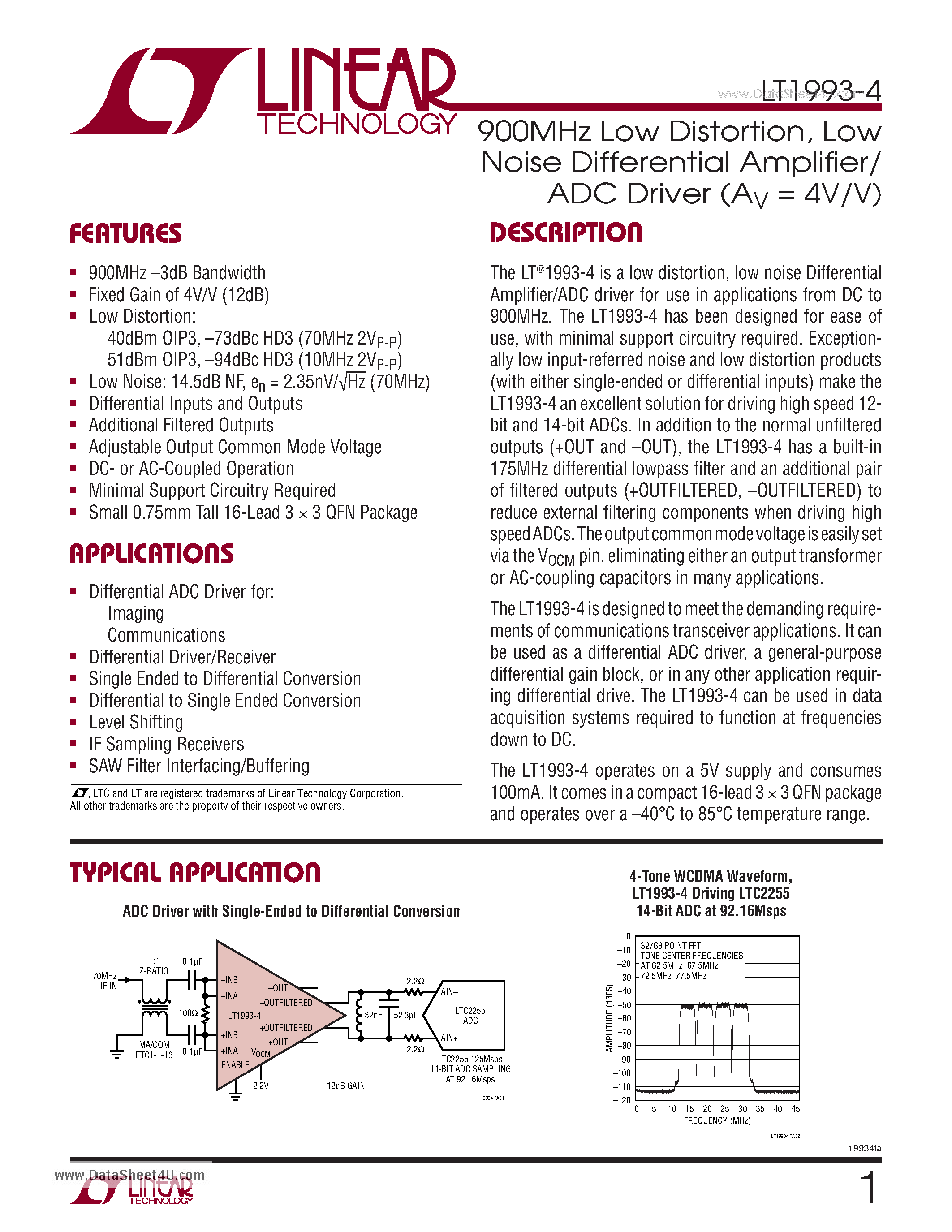 Datasheet LT1993-4 - 900MHz Low Distortion - Low Noise Differential Amplifier/ADC Driver page 1
