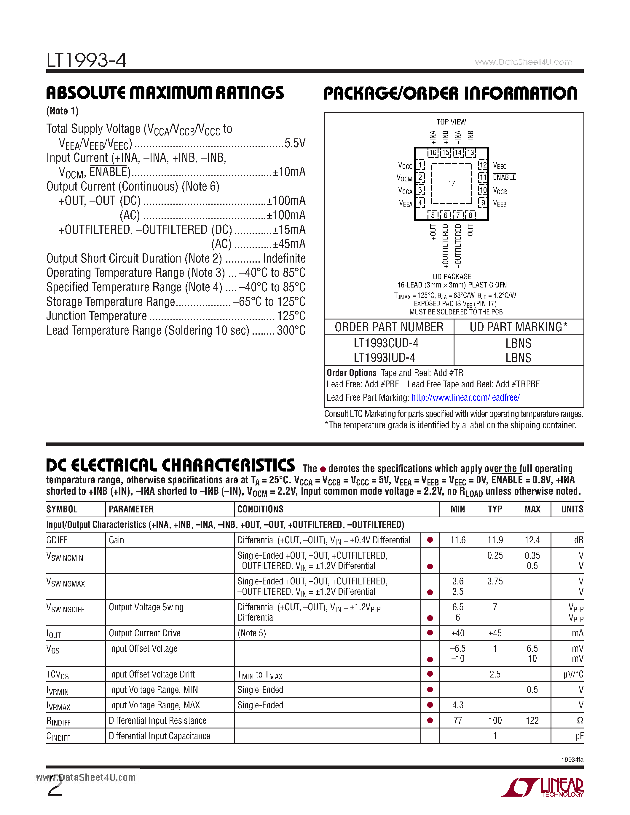 Datasheet LT1993-4 - 900MHz Low Distortion - Low Noise Differential Amplifier/ADC Driver page 2