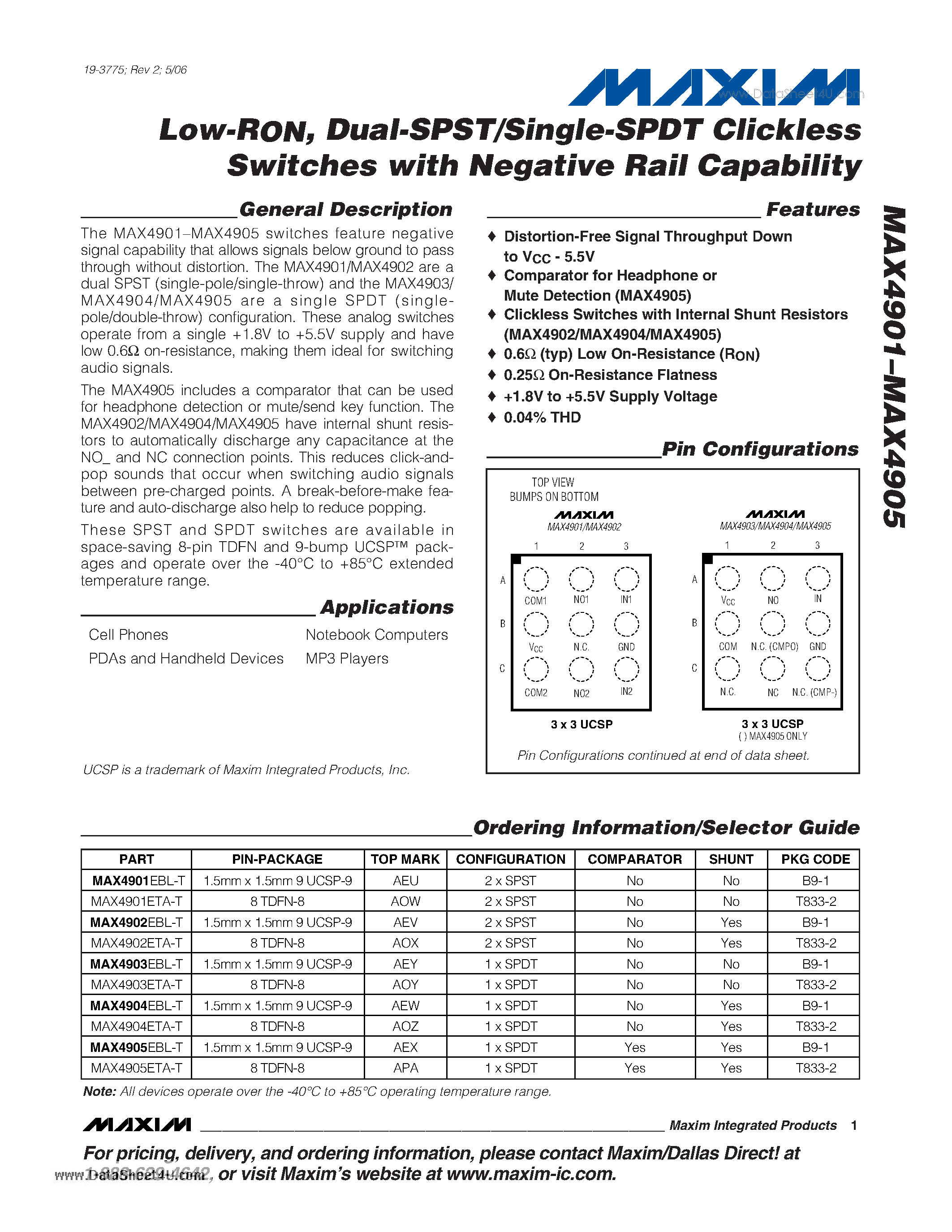 Даташит на микросхему MAX4901 страница 1 Даташит MAX4901 - Low-RON & Dual-SPST/Single-SPDT Clickless Switches with Negative Rail Capability страница 1