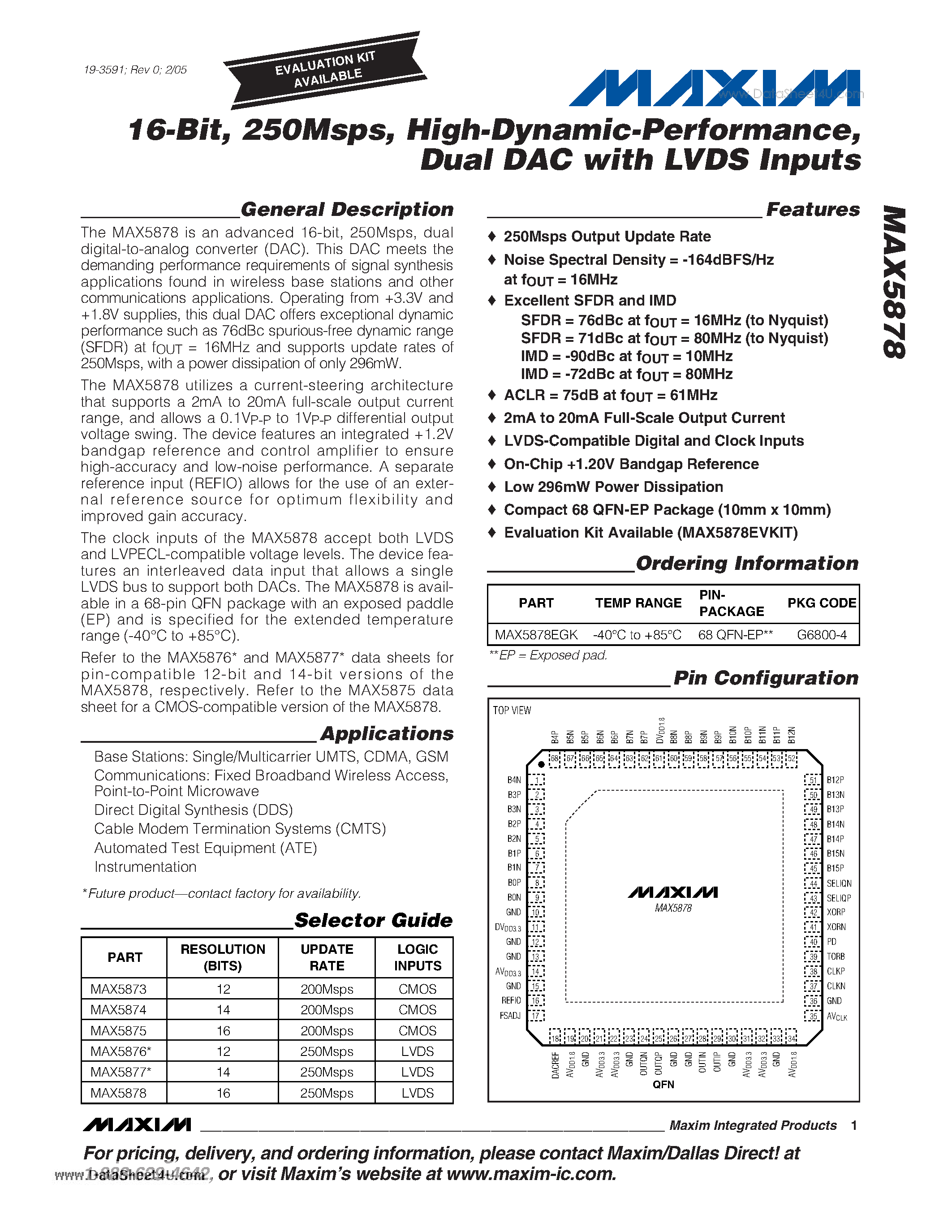 Datasheet MAX5878 - 16-Bit/ 250Msps -High-Dynamic-Performance/Dual DAC with LVDS Inputs page 1