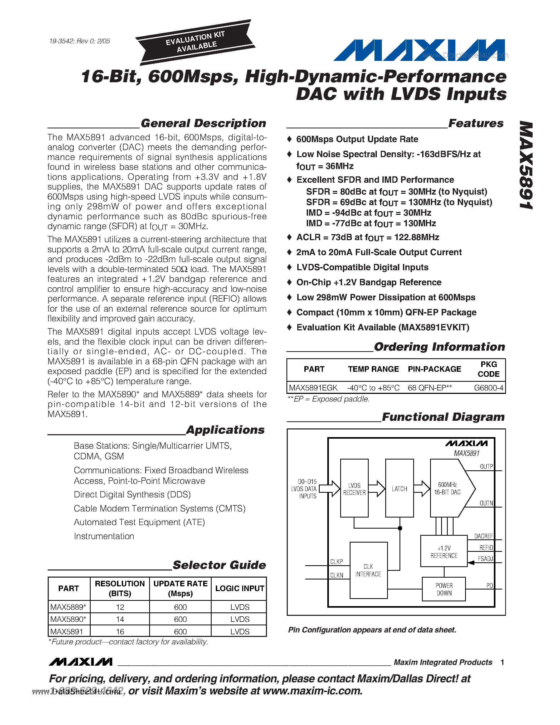 Datasheet MAX5891 - 16-Bit/ 600Msps -High-Dynamic-Performance/DAC with LVDS Inputs page 1