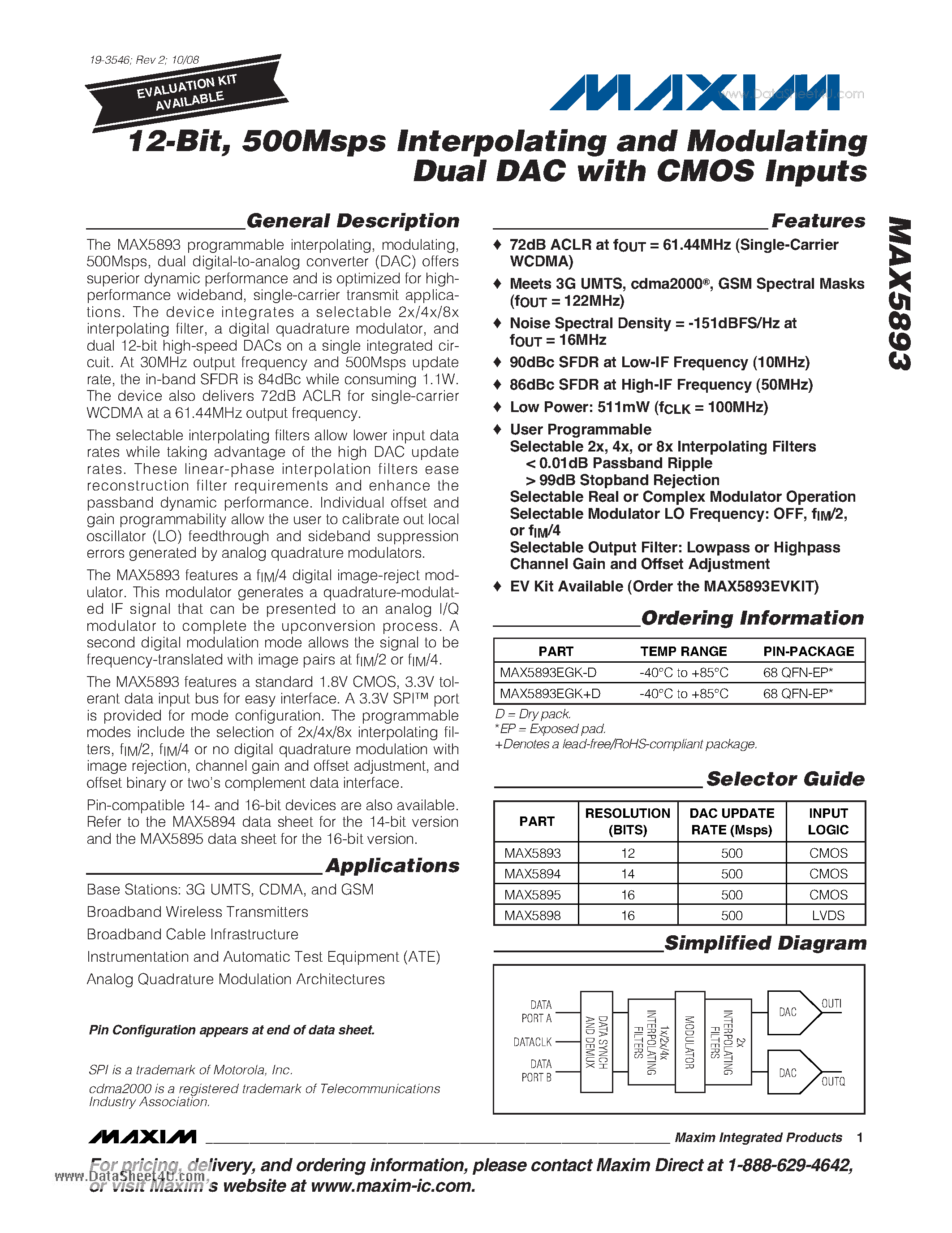 Datasheet MAX5893 - 12-Bit/ 500Msps Interpolating and Modulating Dual DAC with CMOS Inputs page 1