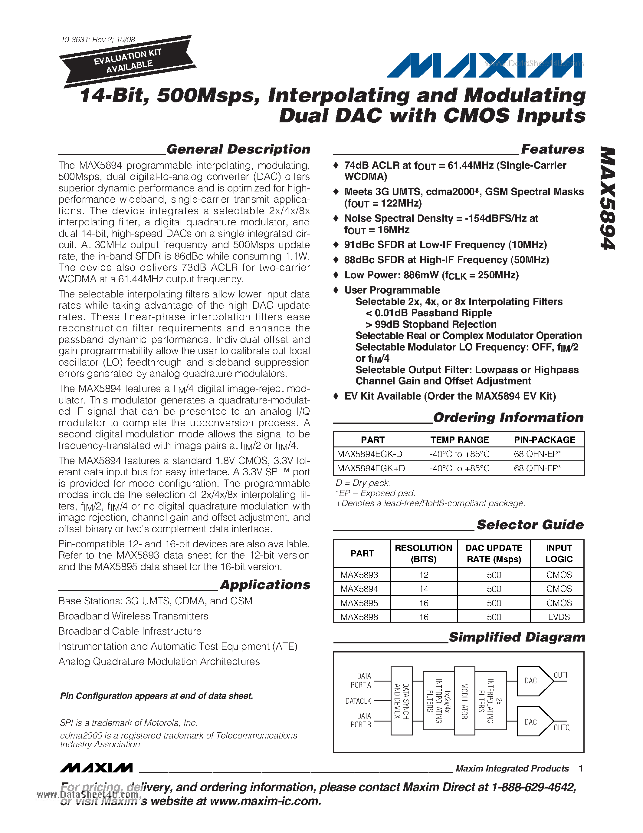 Datasheet MAX5894 - 14-Bit/ 500Msps Interpolating and Modulating Dual DAC with CMOS Inputs page 1