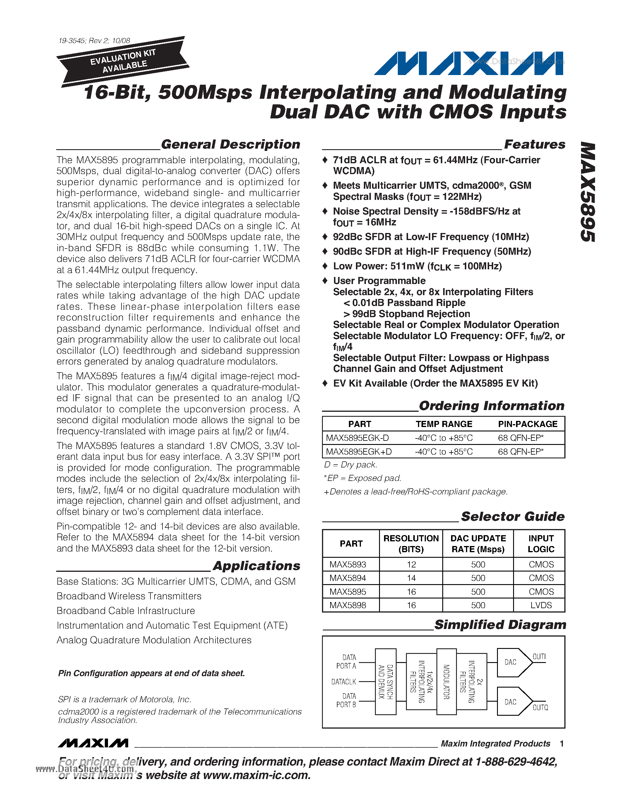 Datasheet MAX5895 - 16-Bit/ 500Msps Interpolating and Modulating Dual DAC with CMOS Inputs page 1