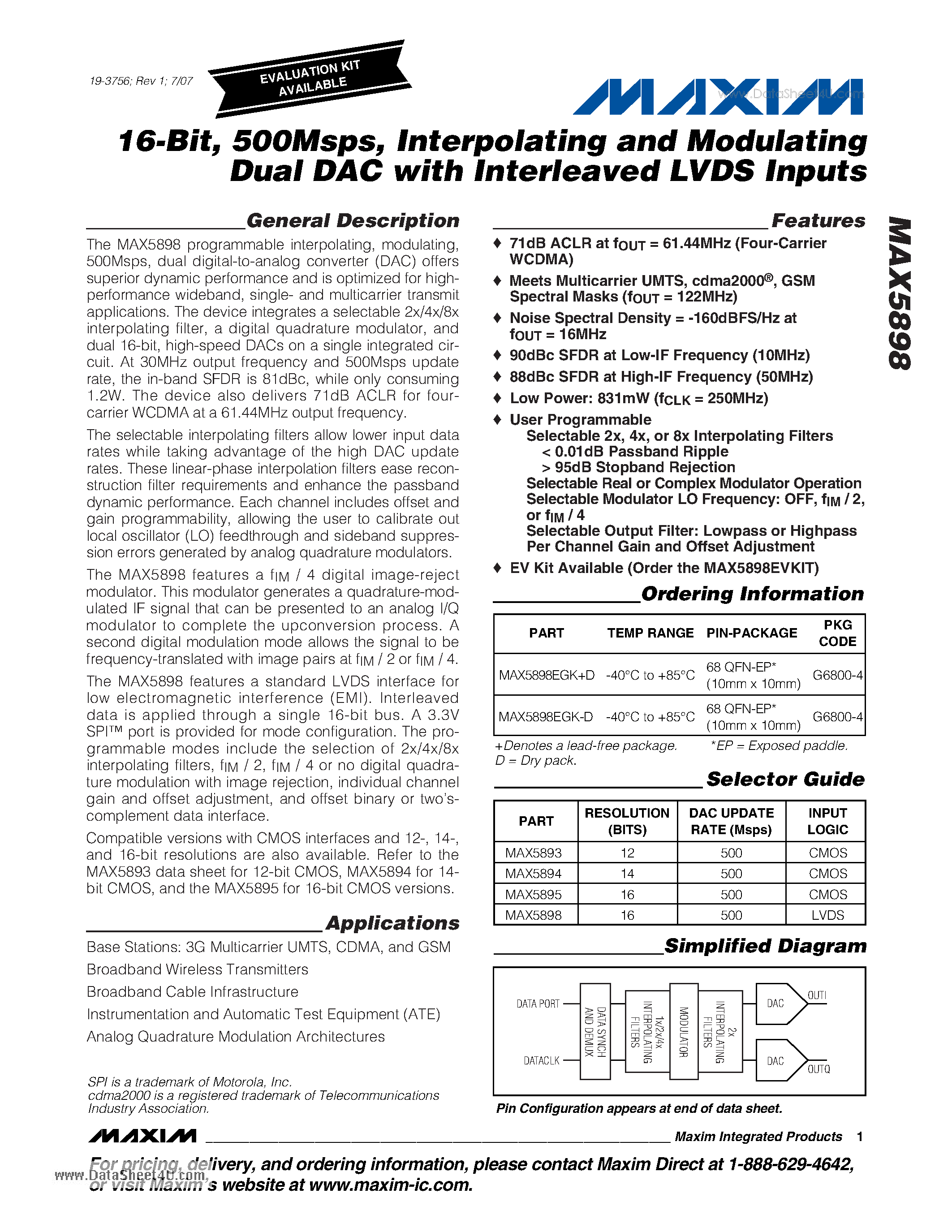 Datasheet MAX5898 - 16-Bit/ 500Msps Interpolating and Modulating Dual DAC with Interleaved LVDS Inputs page 1