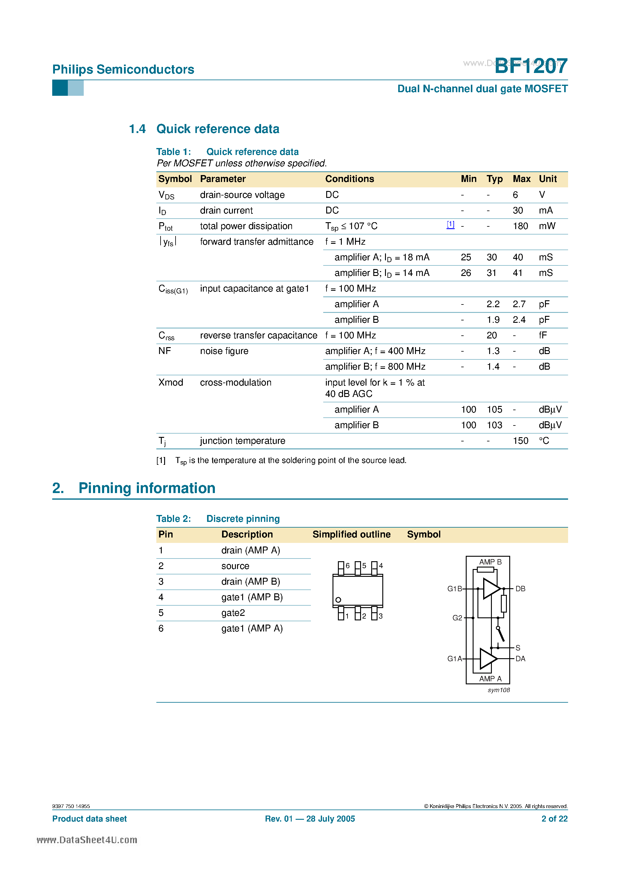 Даташит BF1207 - Dual N-channel dual gate MOSFET страница 2