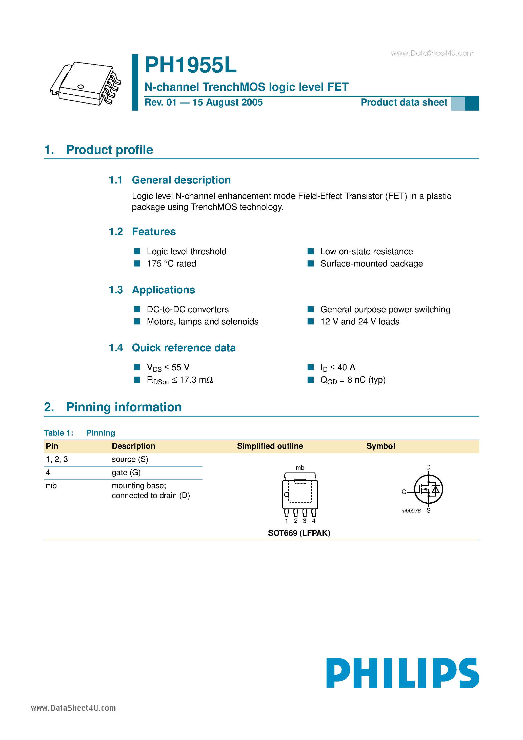 Datasheet PH1955L - N-channel TrenchMOS Iogic levelFET page 1