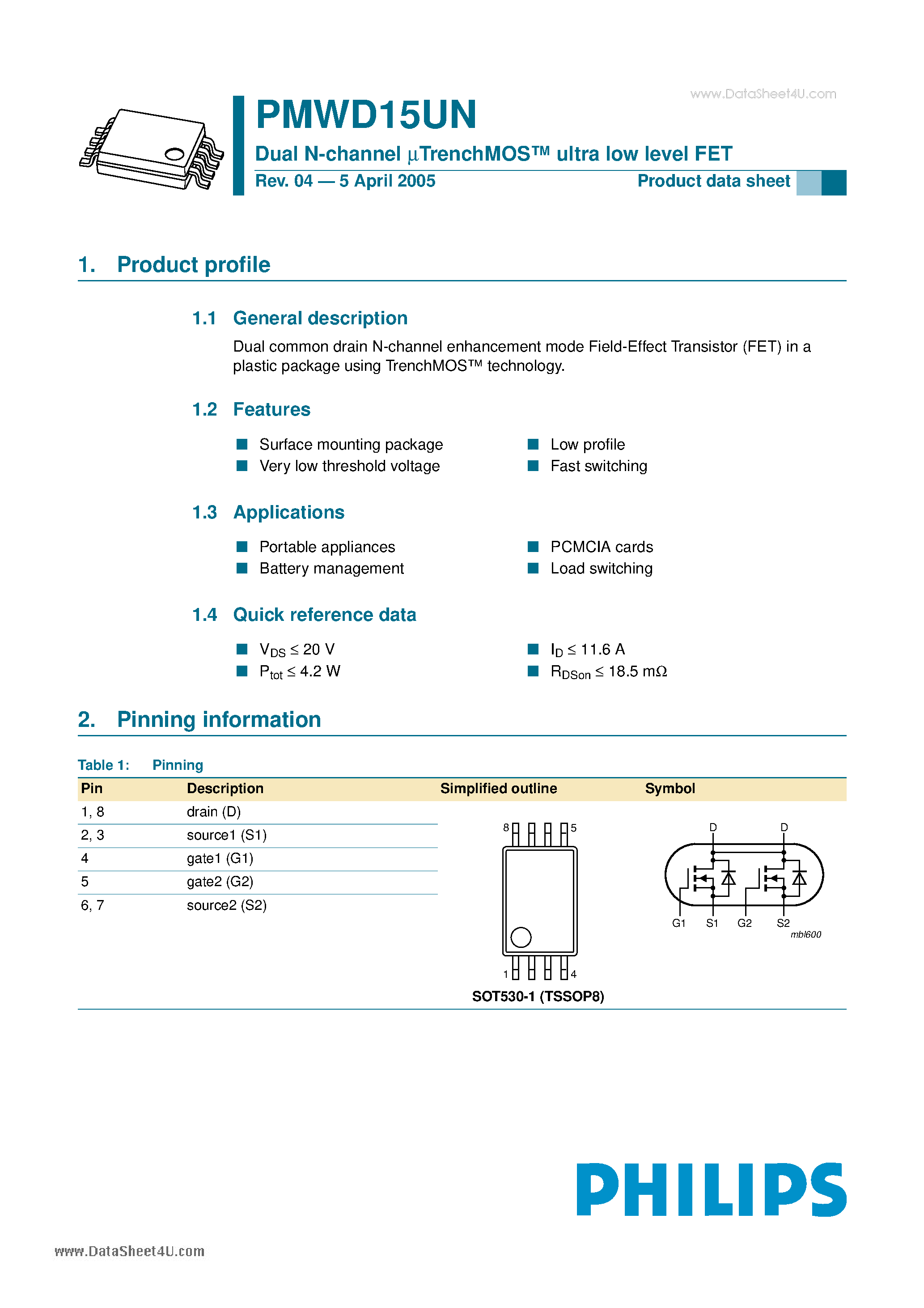 Datasheet PMWD15UN - Dual N-channel uTrenchMOS ultra low level FET page 1