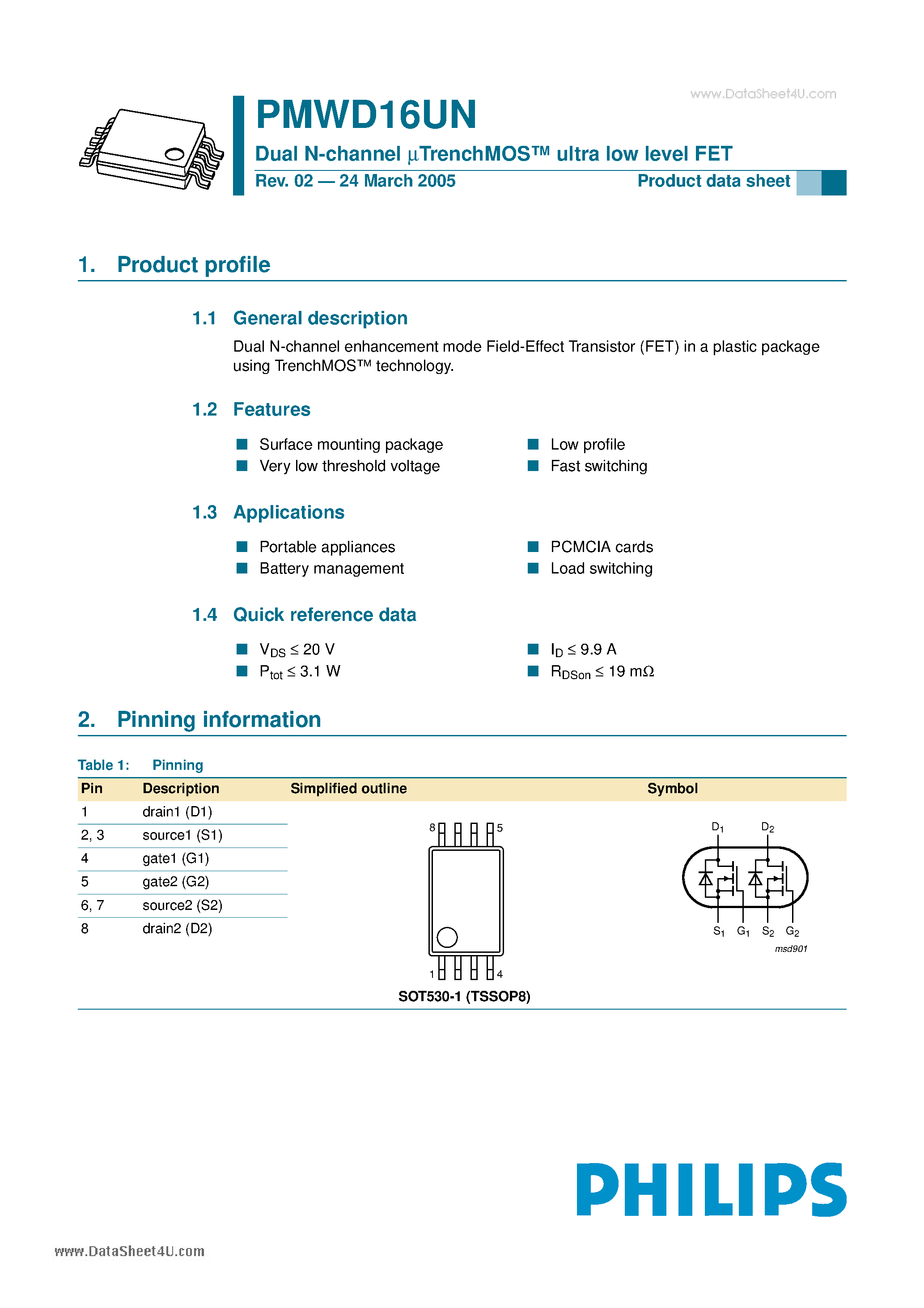 Datasheet PMWD16UN - Dual N-channel uTrenchMOS ultra low level FET page 1