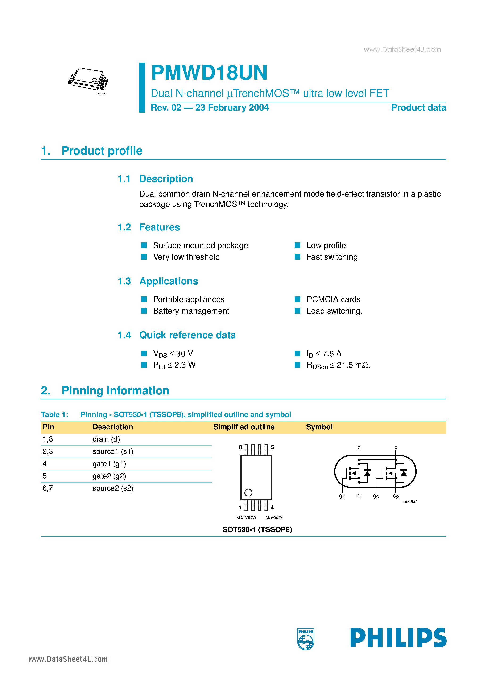 Datasheet PMWD18UN - Dual N-channel uTrenchMOS ultra low level FET page 1