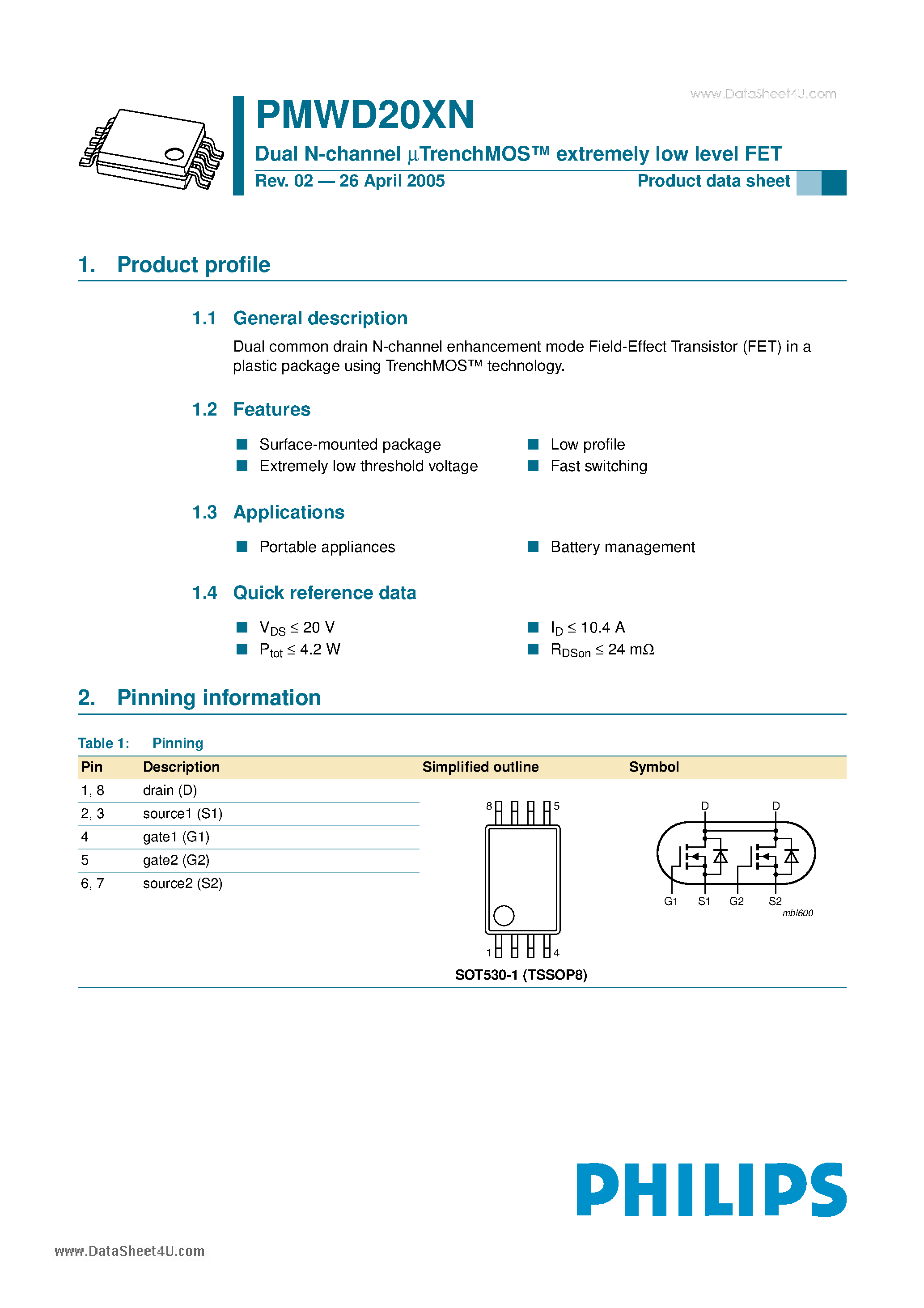 Datasheet PMWD20XN - Dual N-channel uTrenchMOS extremely low level FET page 1