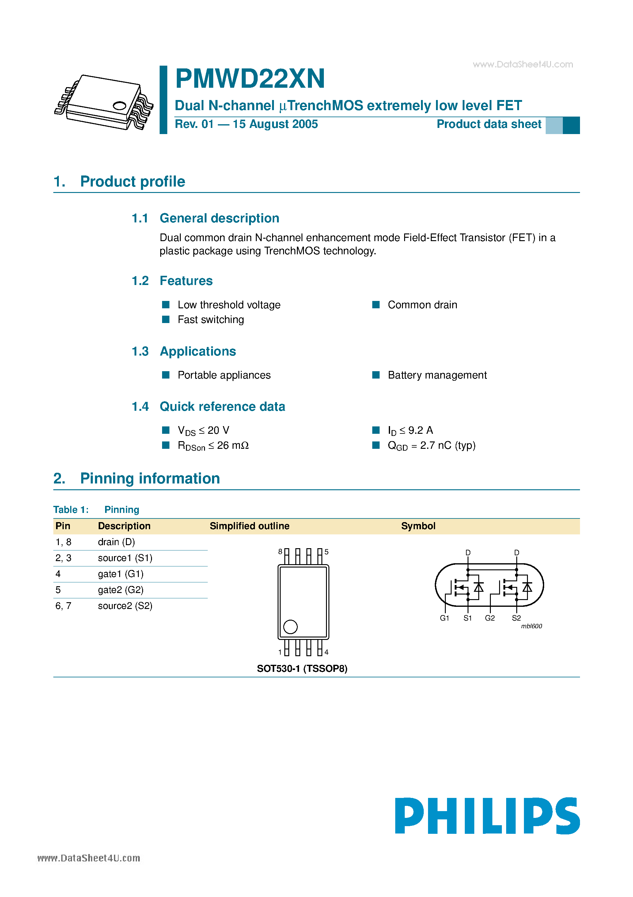 Datasheet PMWD22XN - Dual N-channel uTrenchMOS extremely low level FET page 1
