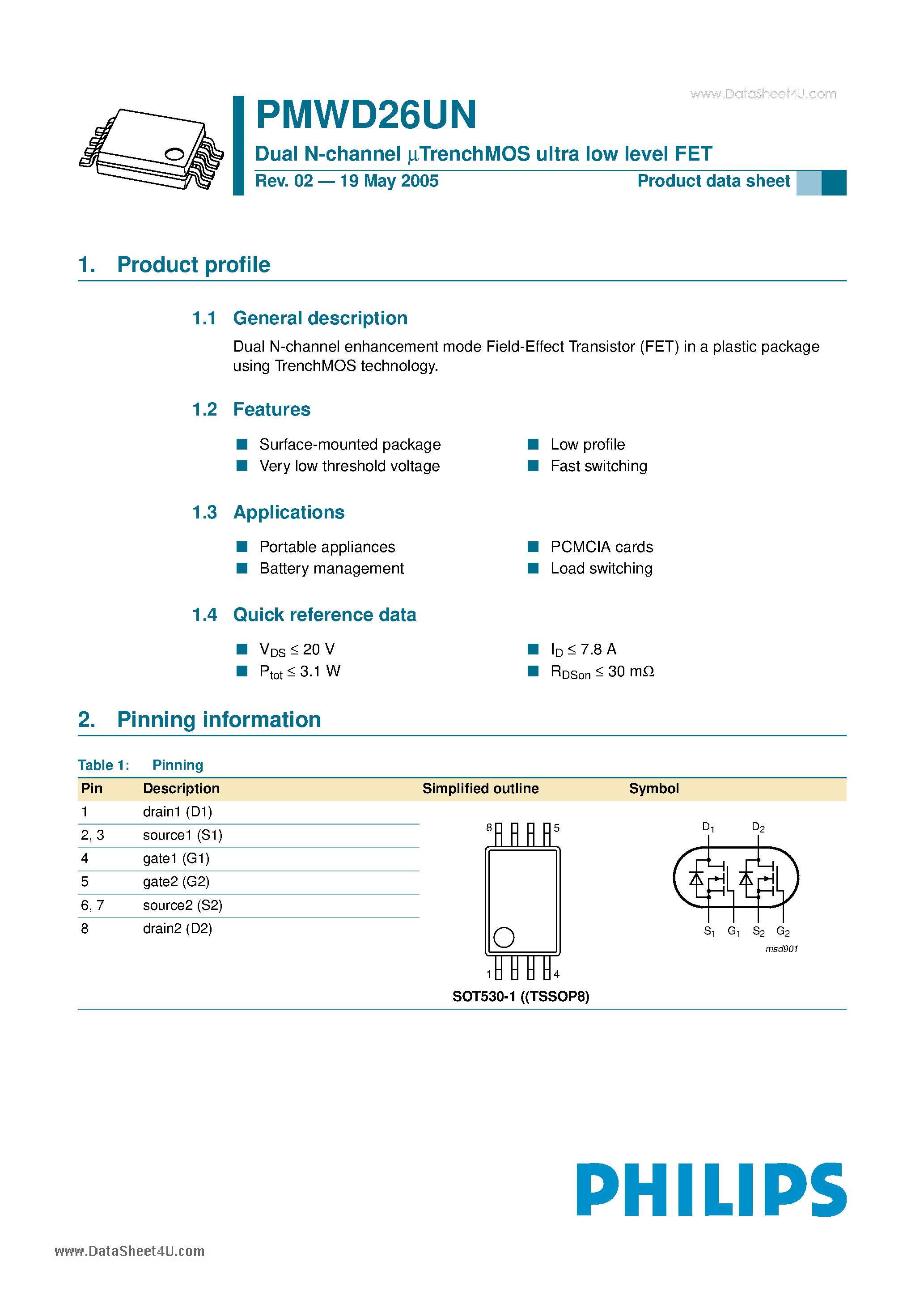 Datasheet PMWD26UN - Dual N-channel uTrenchMOS ultra low level FET page 1