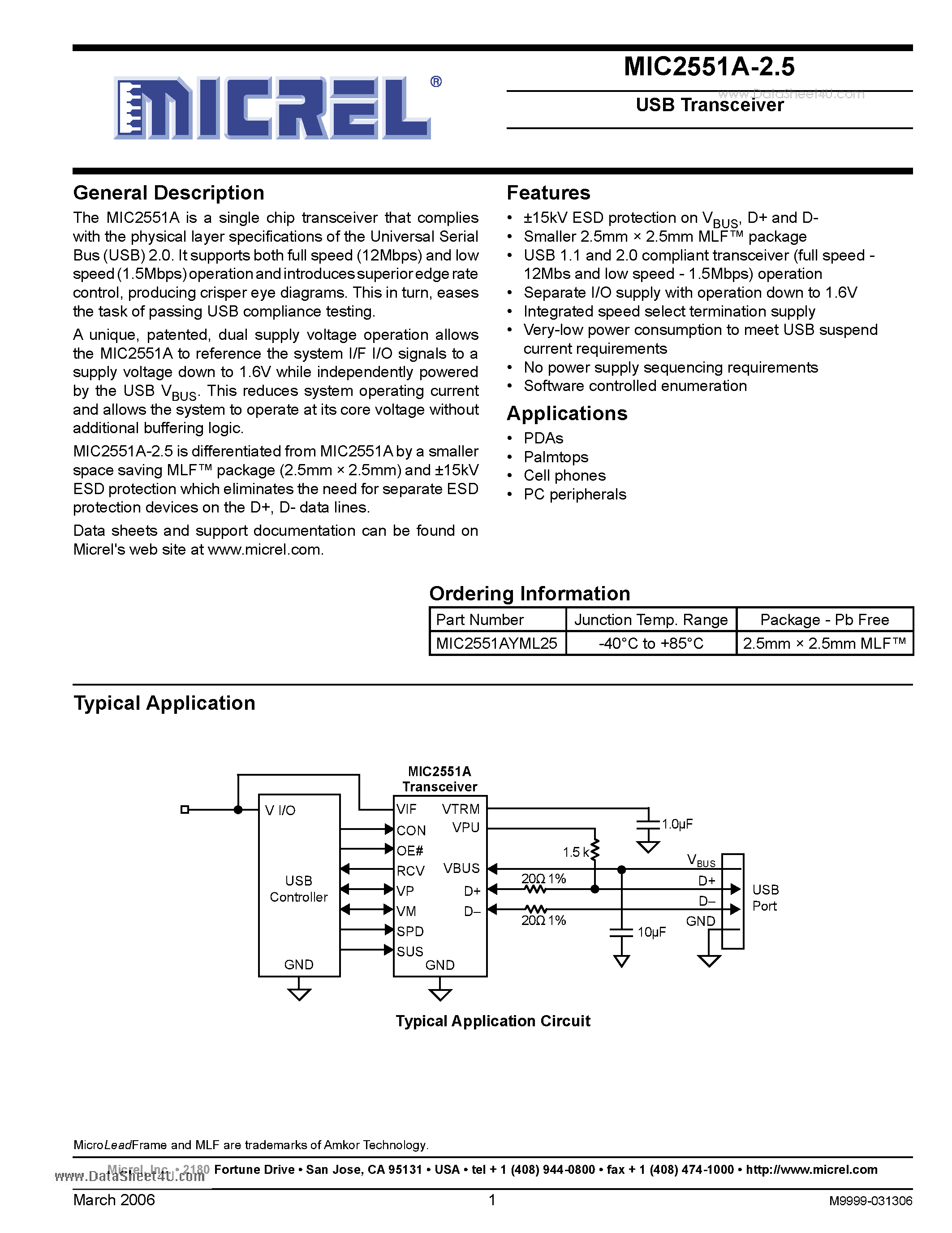 Datasheet MIC2551A-2.5 - USB Transceiver page 1