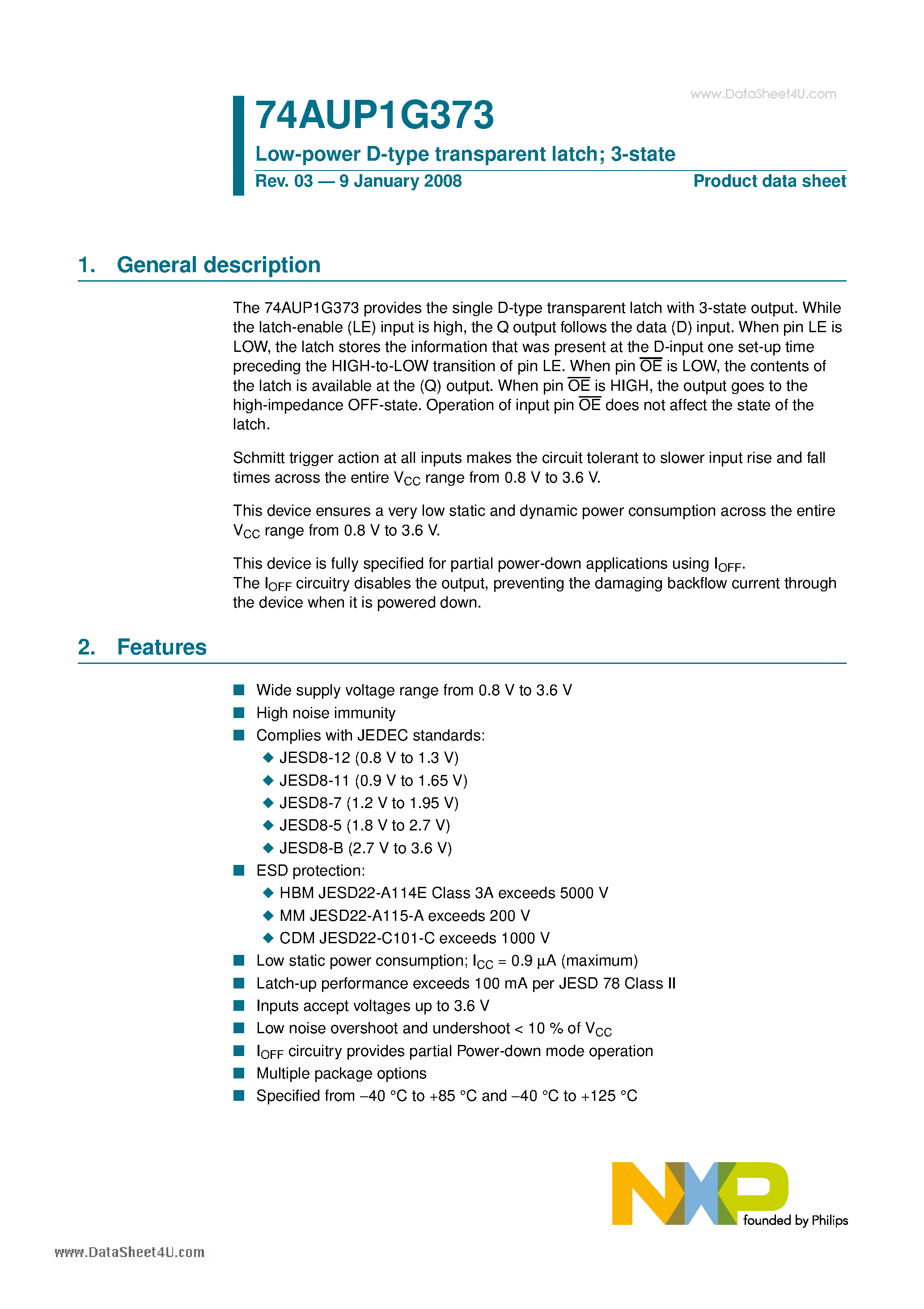 Datasheet 74AUP1G373 page 1 Datasheet 74AUP1G373 - Low-power D-type transparent latch 3-state page 1