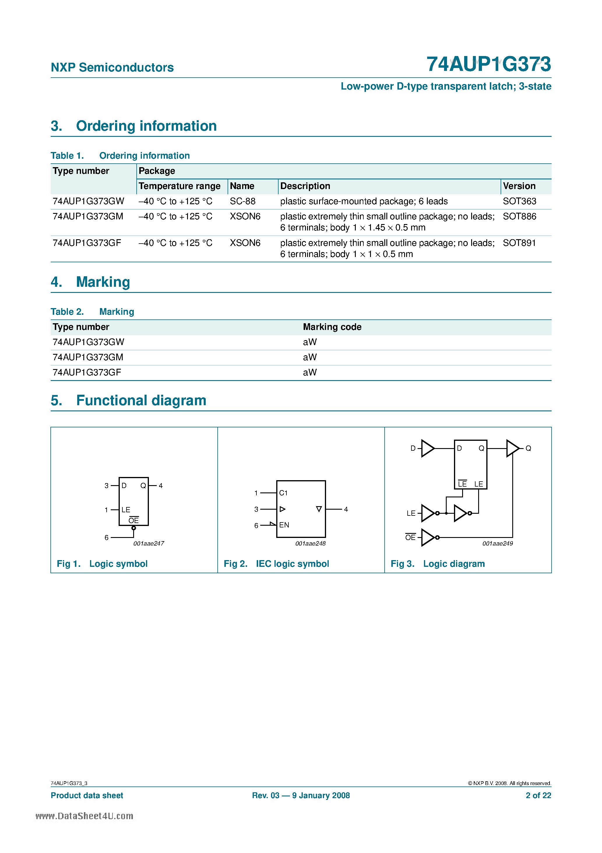 Datasheet 74AUP1G373 page 2 Datasheet 74AUP1G373 - Low-power D-type transparent latch 3-state page 2