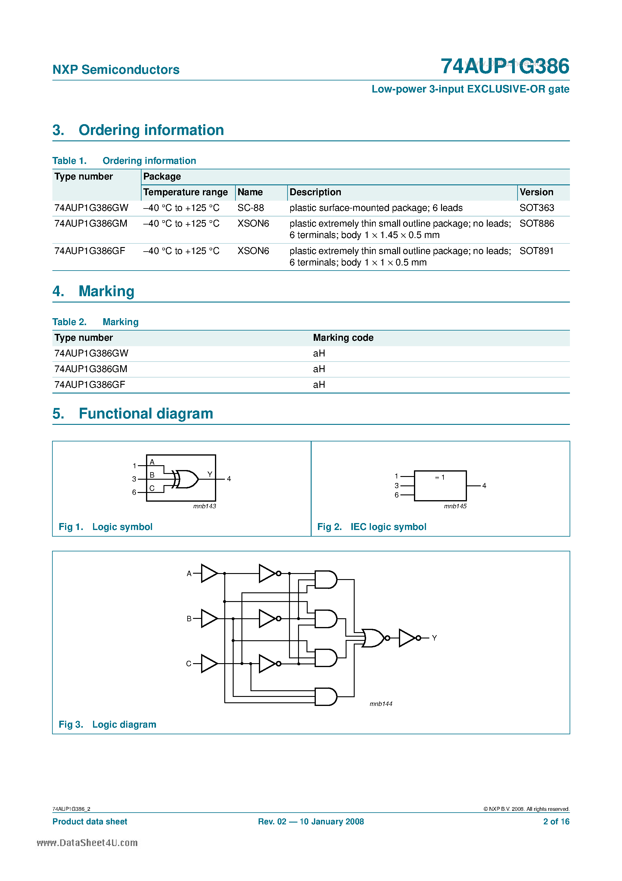 Datasheet 74AUP1G386 - Low-power 3-input EXCLUSIVE-OR gate page 2