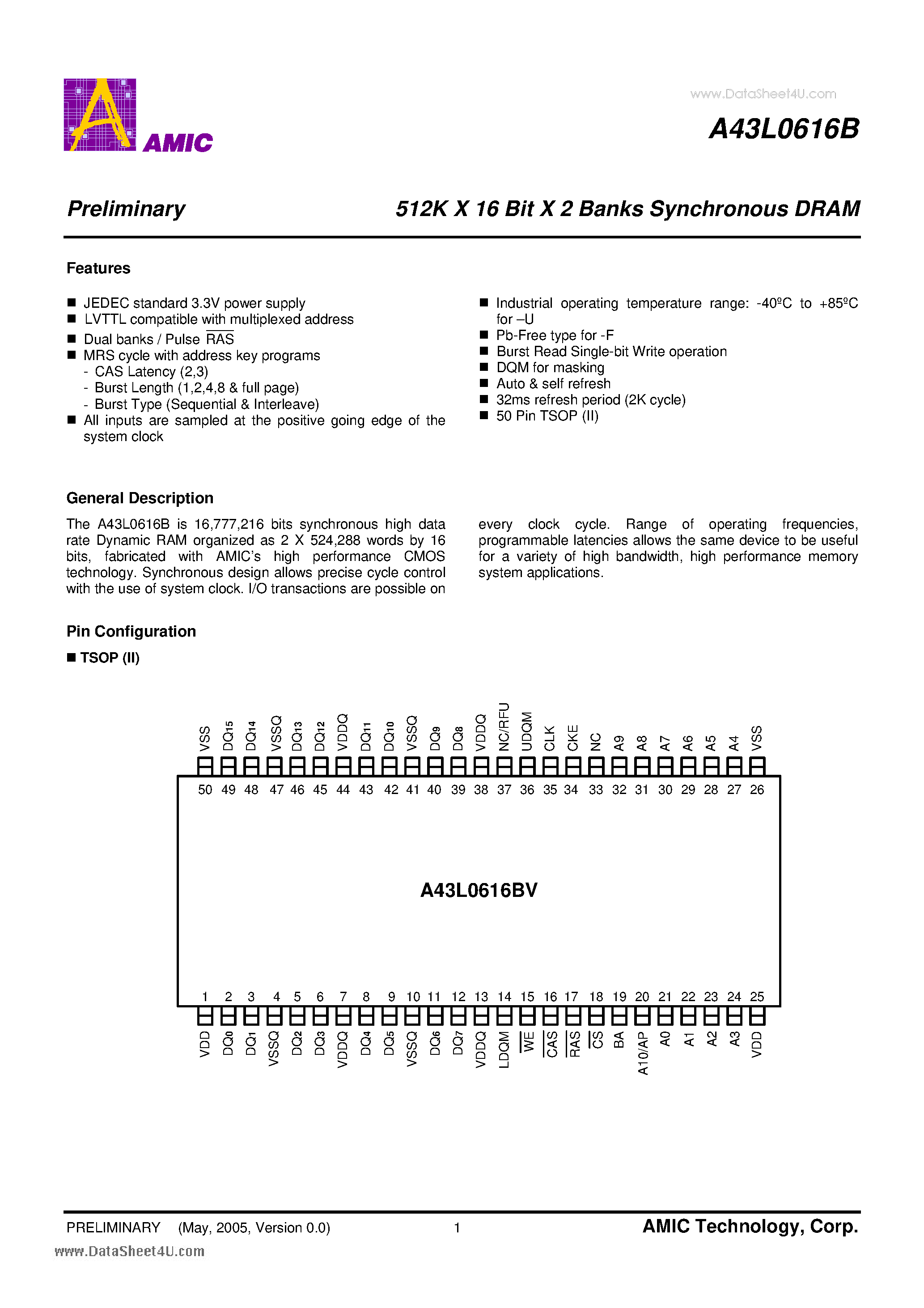 Datasheet A43L0616B page 2 Datasheet A43L0616B - 512K X 16 Bit X 2 Banks Synchronous DRAM page 2