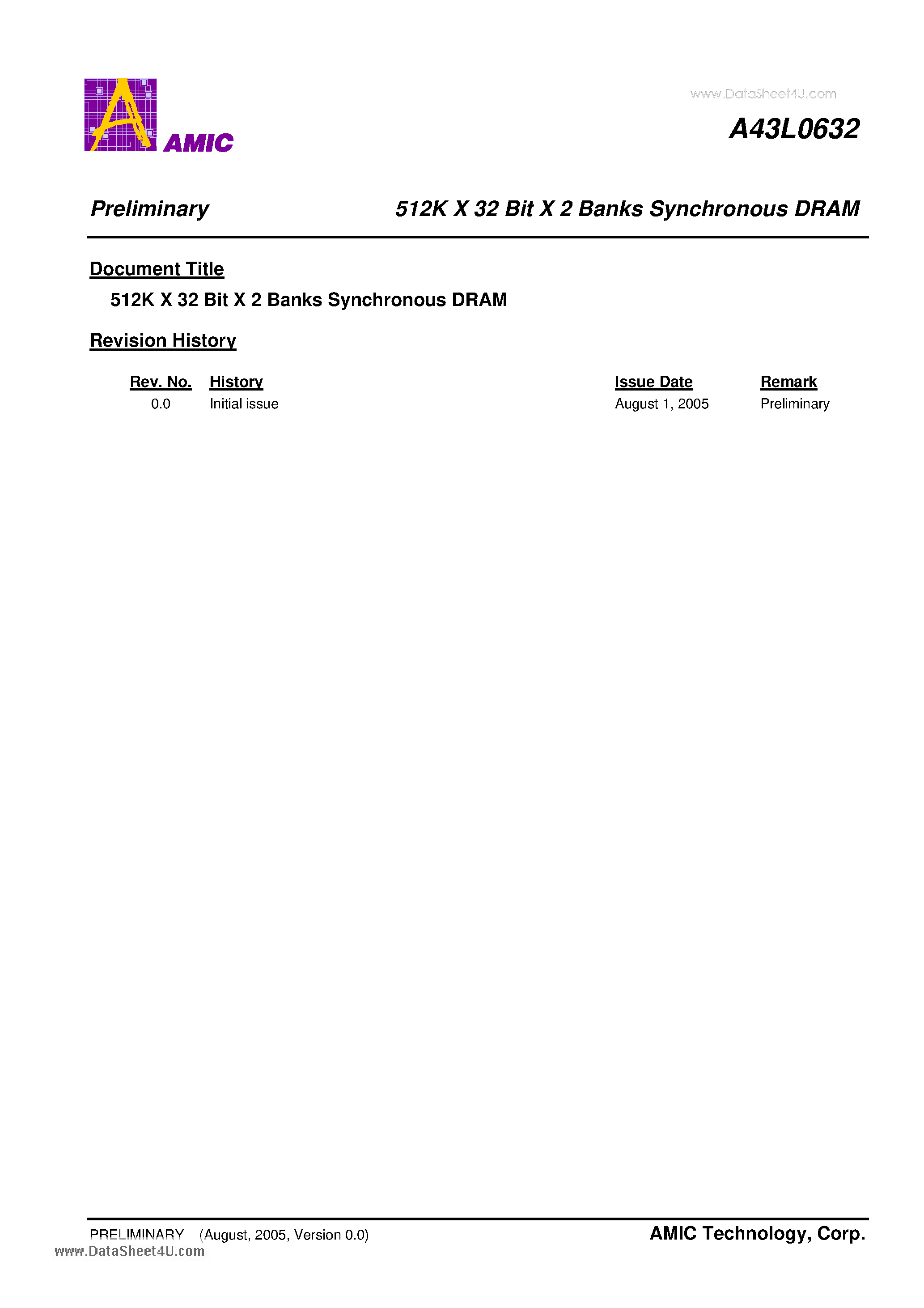 Datasheet A43L0632 - 512K X 32 Bit X 2 Banks Synchronous DRAM page 1