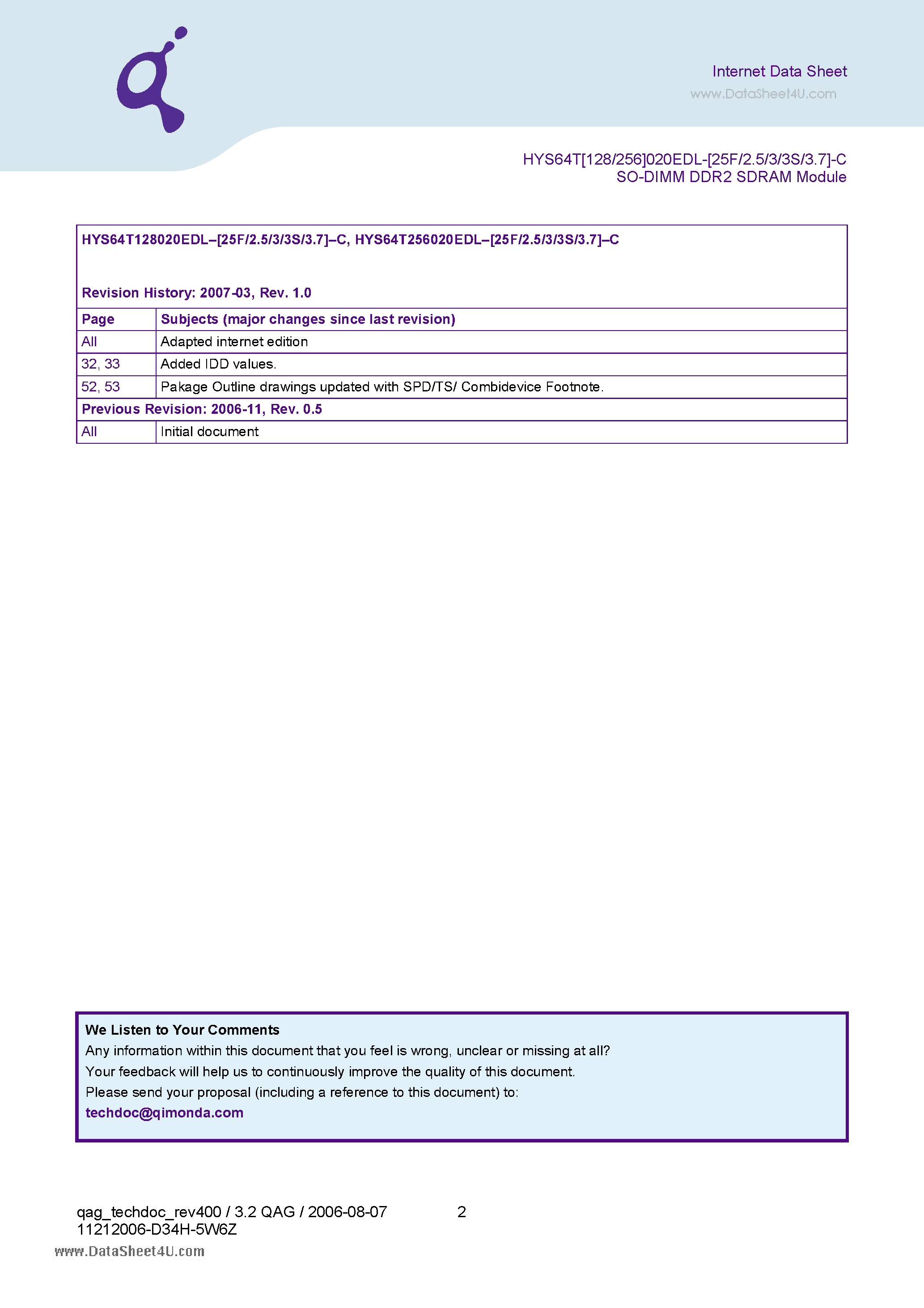 Datasheet HYS64T128020EDL-2.5-C page 2 Datasheet HYS64T128020EDL-2.5-C - 200-Pin SO-DIMM DDR2 SDRAM Modules page 2