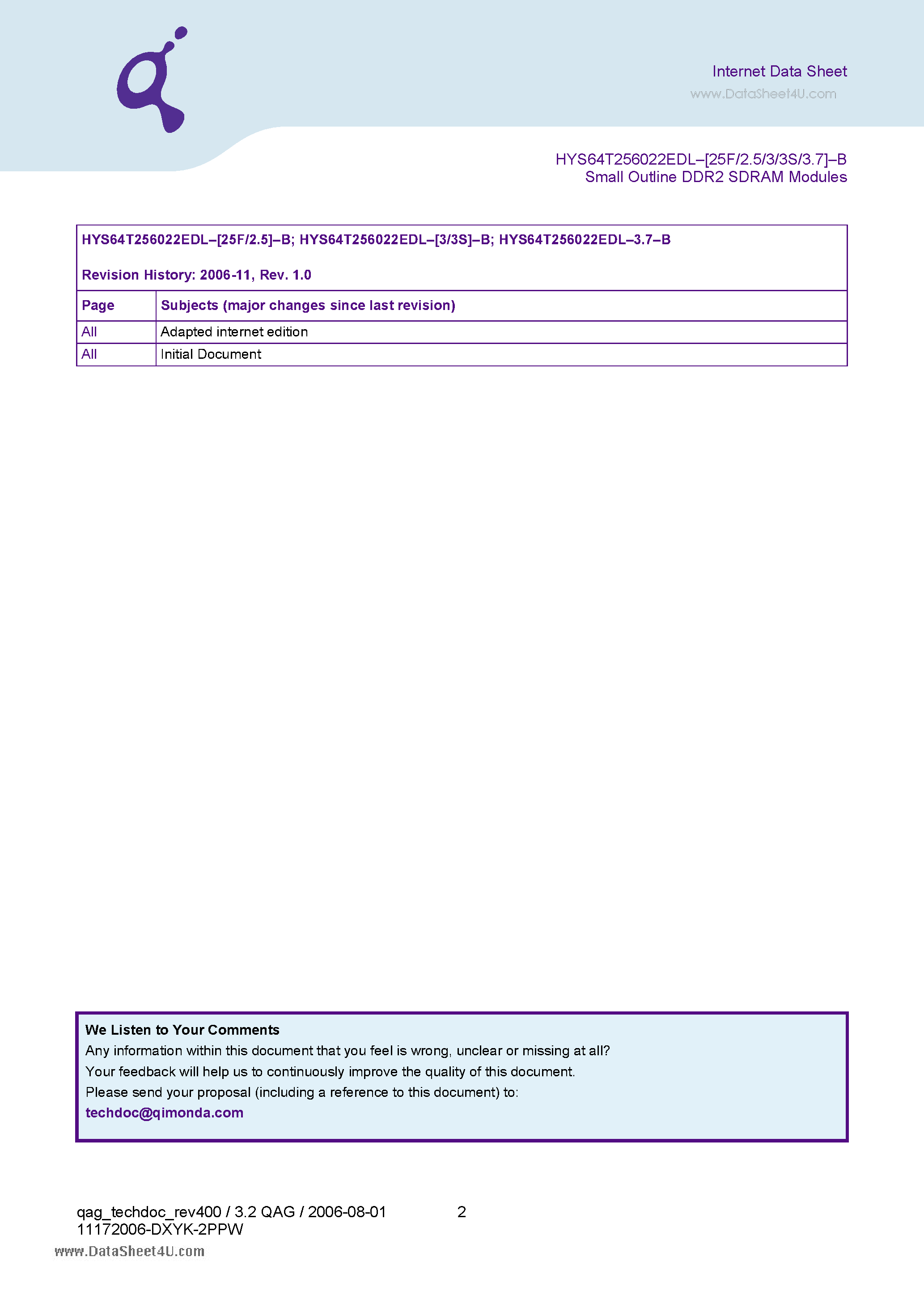 Datasheet HYS64T256022EDL-2.5-B page 2 Datasheet HYS64T256022EDL-2.5-B - 200-Pin Dual Die Small-Outline-DDR2-SDRAM Modules page 2