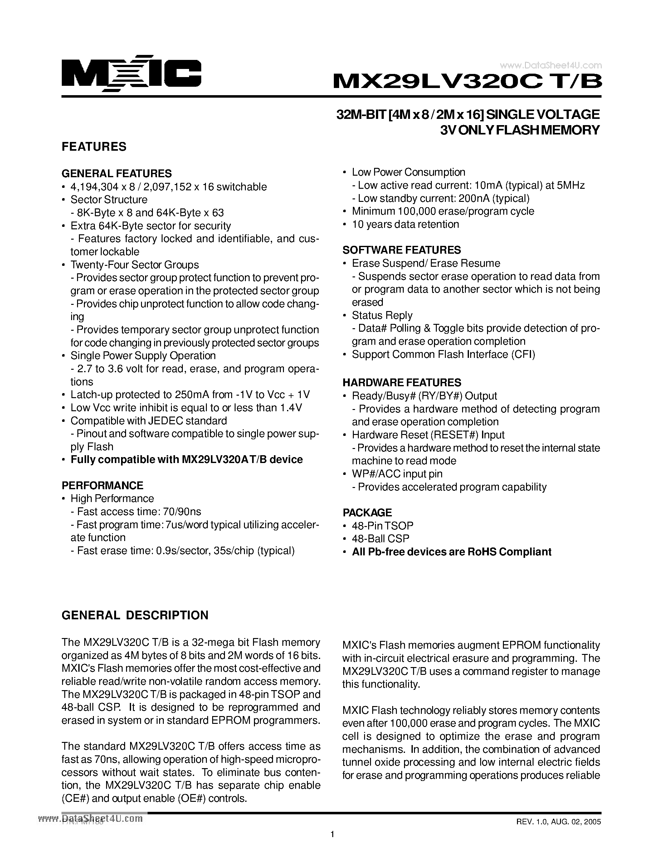 Datasheet MX29LV320CB - 32M-BIT [4M x 8 / 2M x 16] SINGLE VOLTAGE 3V ONLY FLASH MEMORY page 1