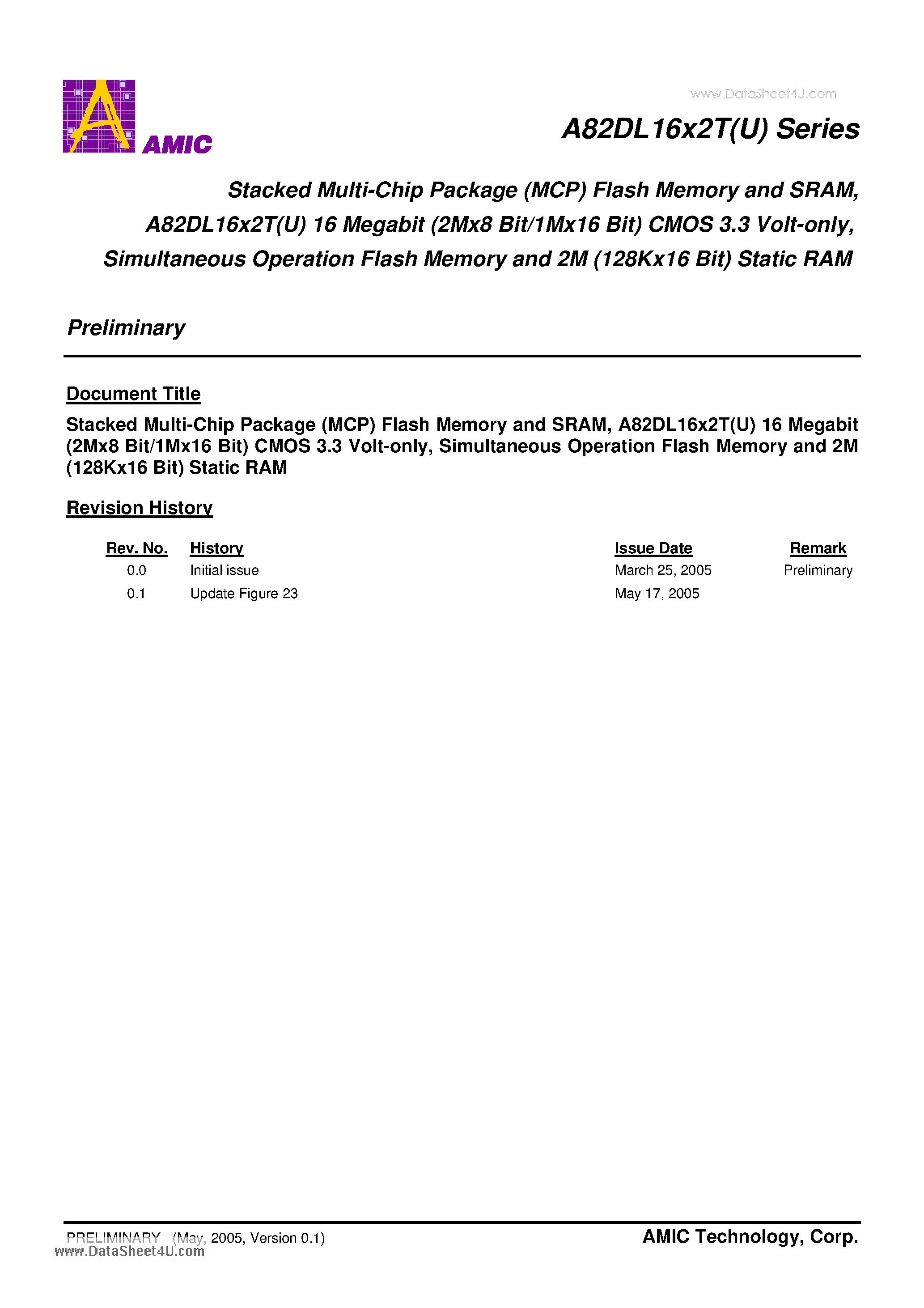 Datasheet A82DL16X2T - Stacked Multi-Chip Package (MCP) Flash Memory and SRAM A82DL16x2T(U) 16 Megabit (2Mx8 Bit/1Mx16 Bit) CMOS 3.3 Volt-only Simultaneous Operation Flash page 1