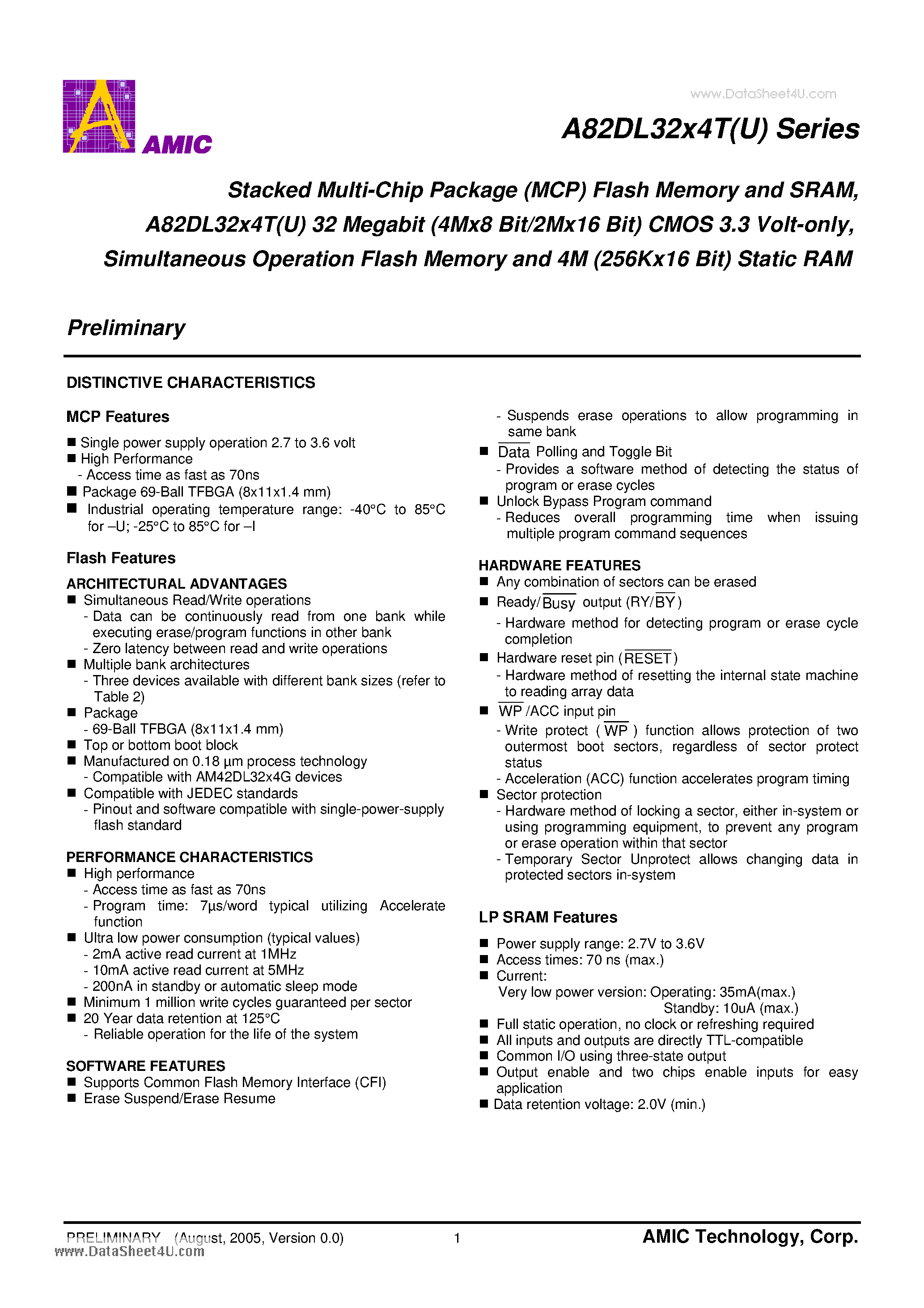 Datasheet A82DL32X4T page 2 Datasheet A82DL32X4T - Stacked Multi-Chip Package (MCP) Flash Memory and SRAM A82DL32x4T(U) 32 Megabit (4Mx8 Bit/2Mx16 Bit) CMOS 3.3 Volt-only Simultaneous Operation Flash Memory page 2