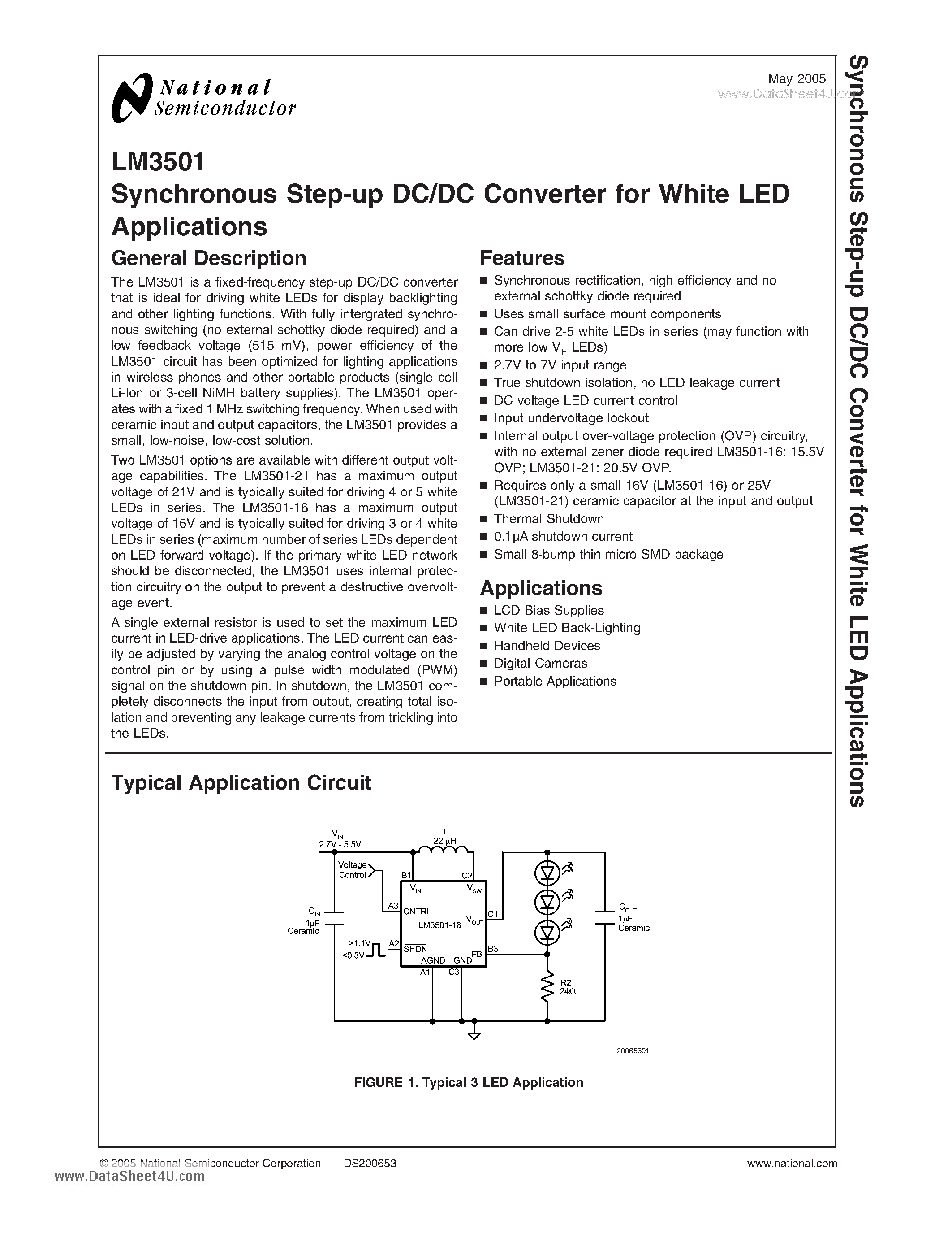 Datasheet LM3501 - Synchronous Step-up DC/DC Converter page 1