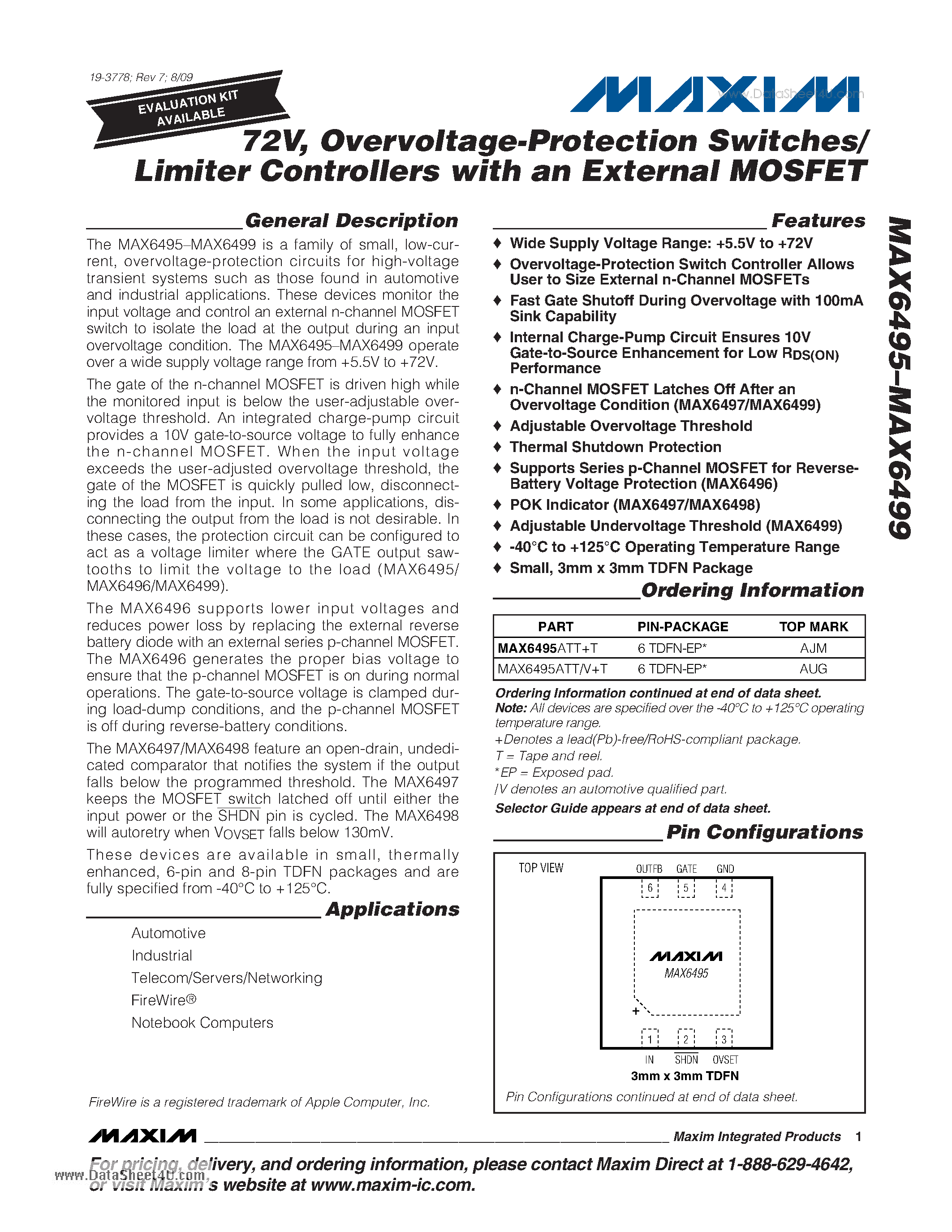 Даташит на микросхему MAX6495 страница 1 Даташит MAX6495 - Overvoltage-Protection Switches/Limiter Controllers страница 1