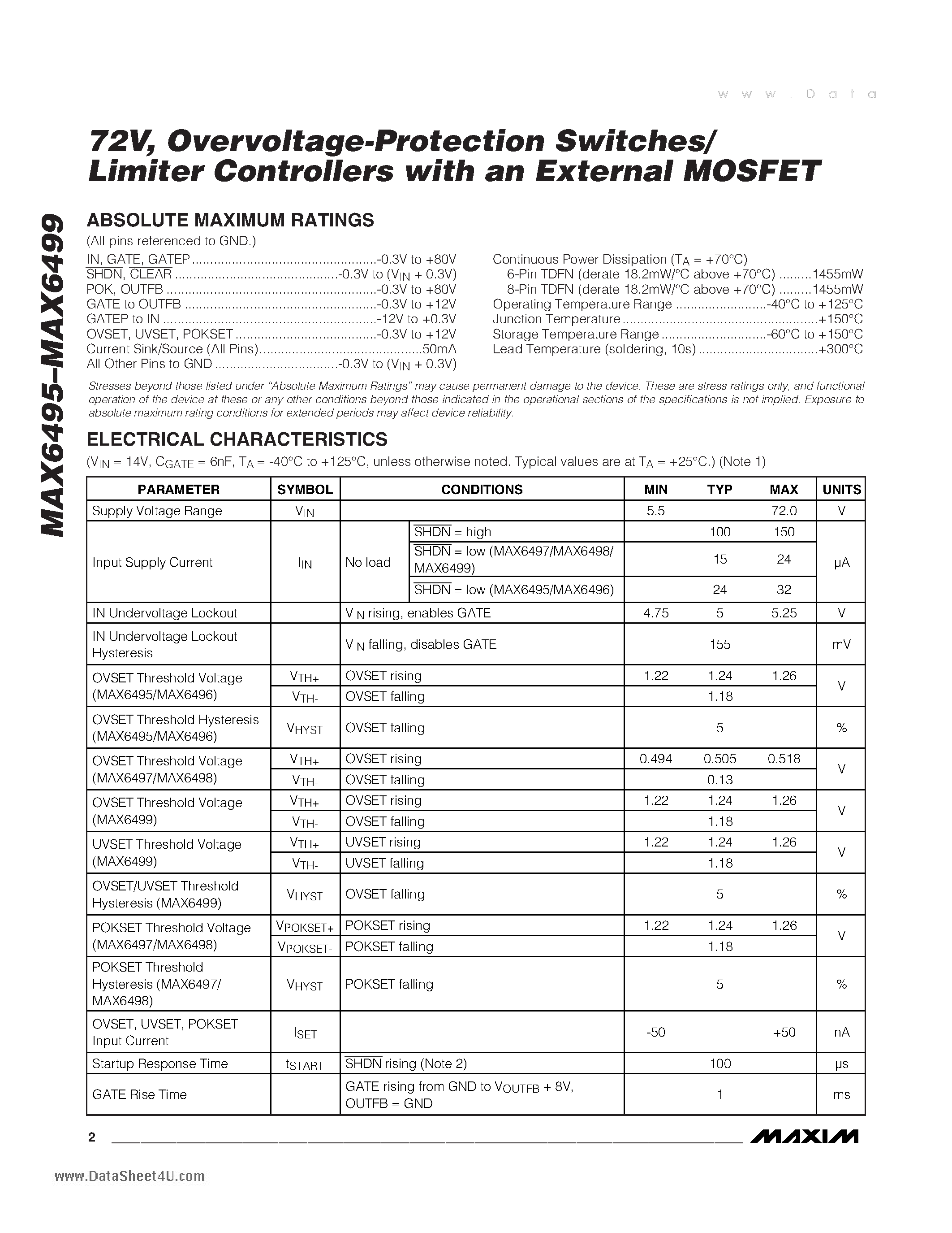 Даташит на микросхему MAX6495 страница 2 Даташит MAX6495 - Overvoltage-Protection Switches/Limiter Controllers страница 2