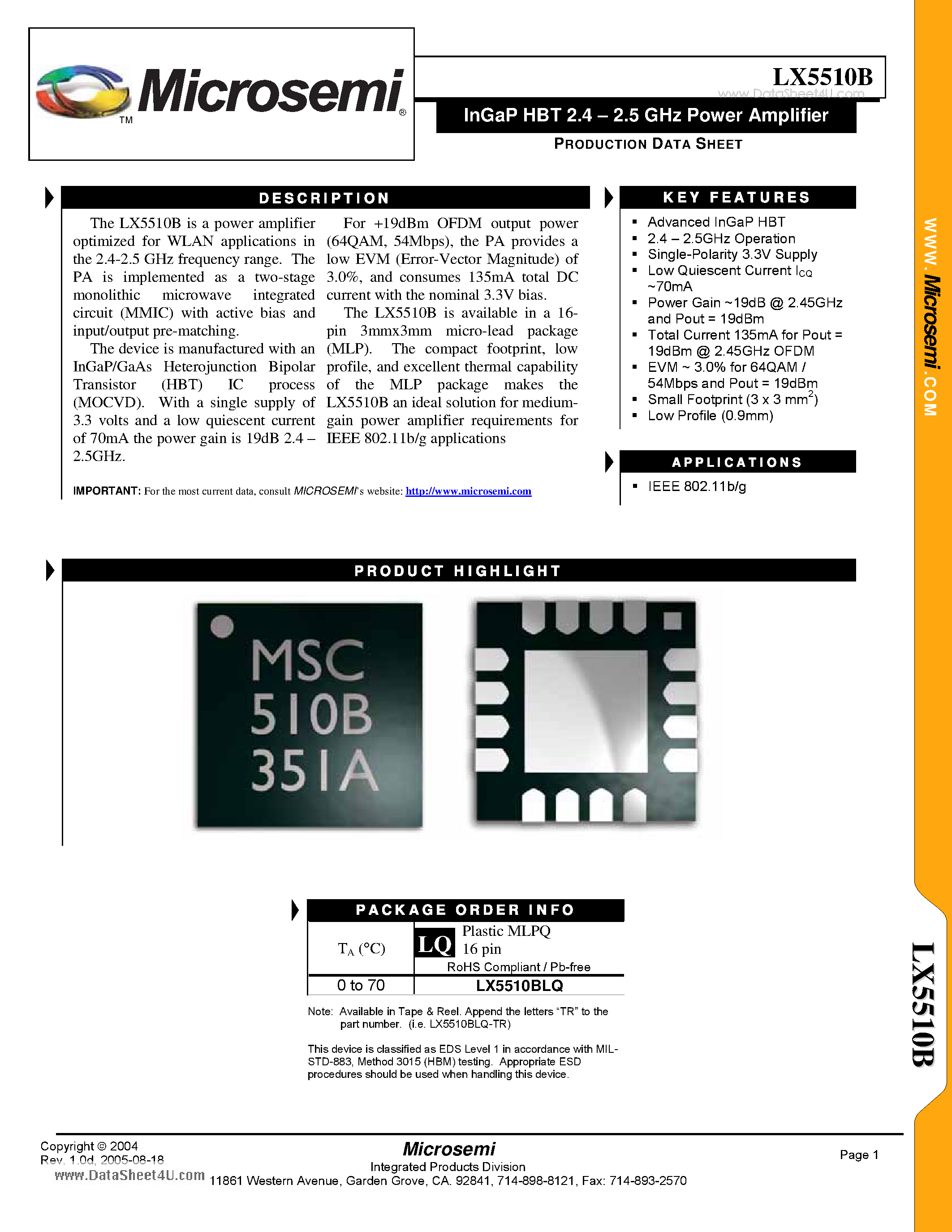 Datasheet LX5510B - InGaP HBT 2.4 - 2.5 GHz Power Amplifier page 1