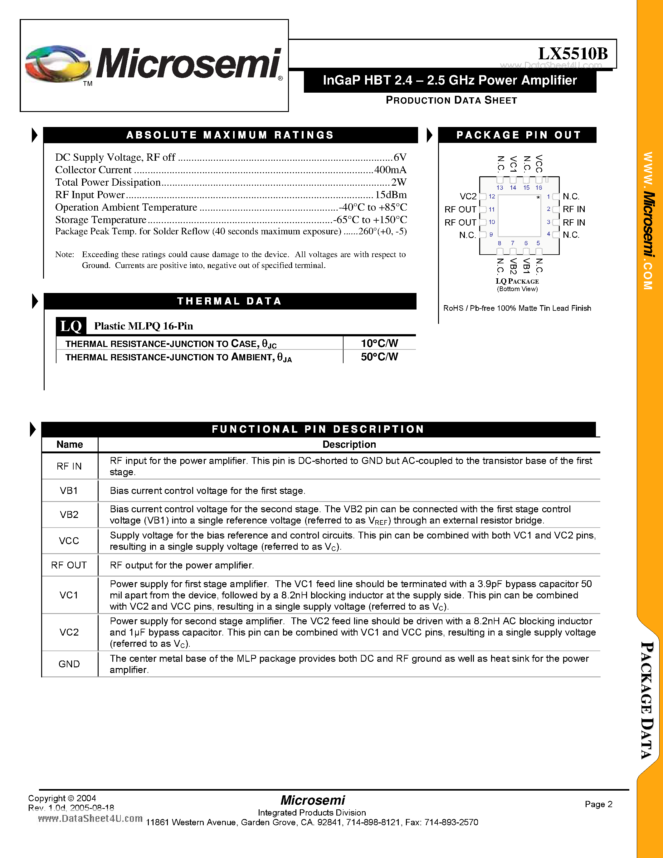Datasheet LX5510B - InGaP HBT 2.4 - 2.5 GHz Power Amplifier page 2