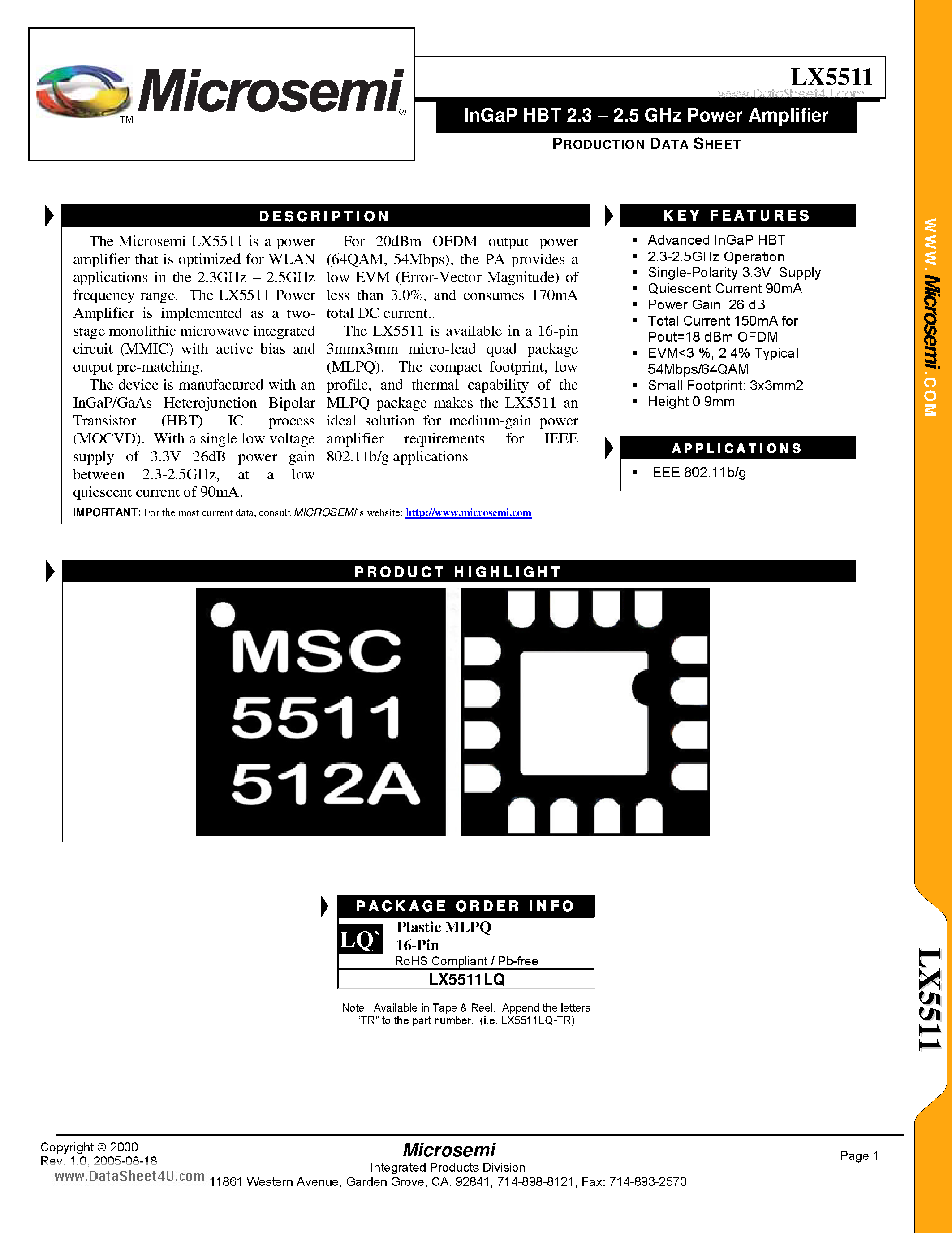 Datasheet LX5511 - InGaP HBT 2.3 - 2.5 GHz Power Amplifier page 1