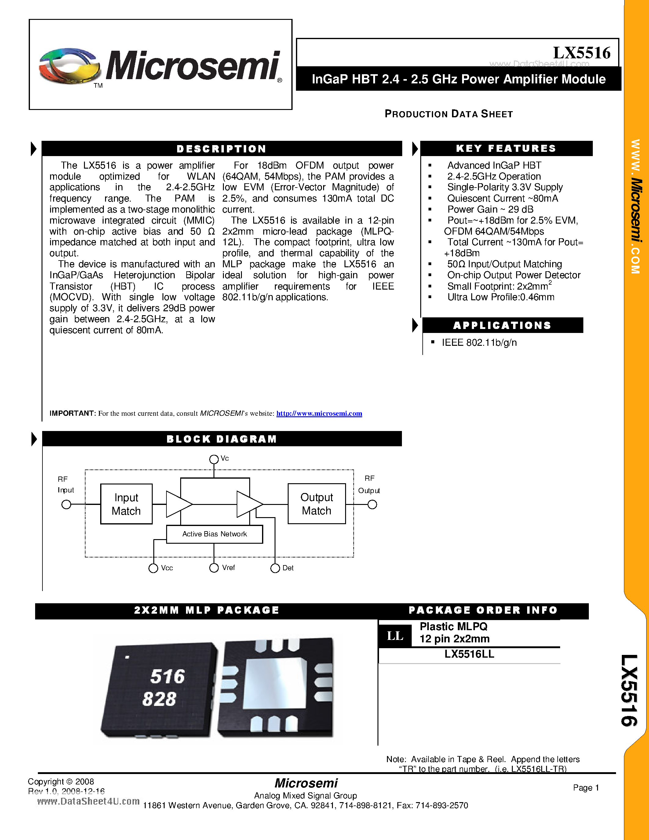 Datasheet LX5516 - InGaP HBT 2.4 - 2.5 GHz Power Amplifier Module page 1