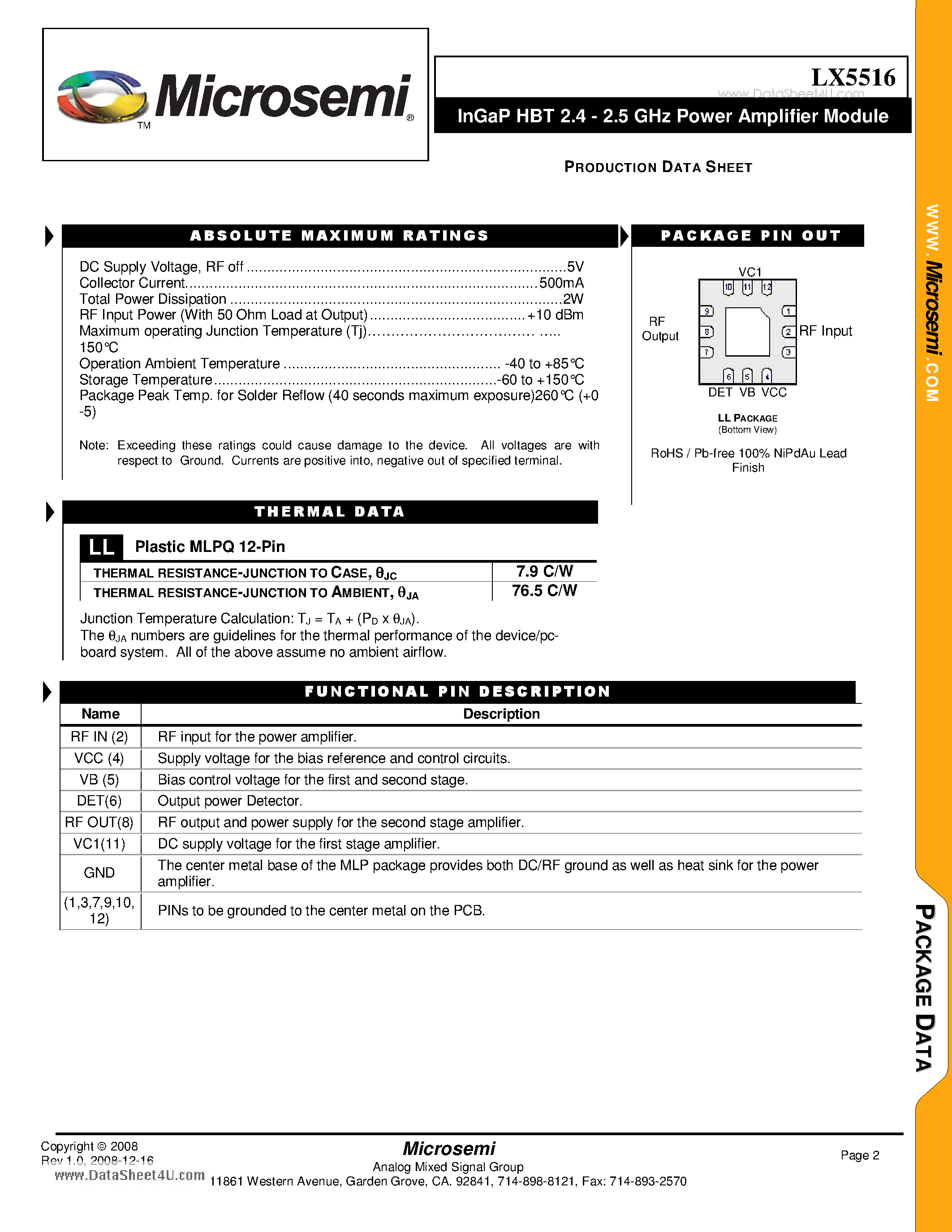 Datasheet LX5516 - InGaP HBT 2.4 - 2.5 GHz Power Amplifier Module page 2