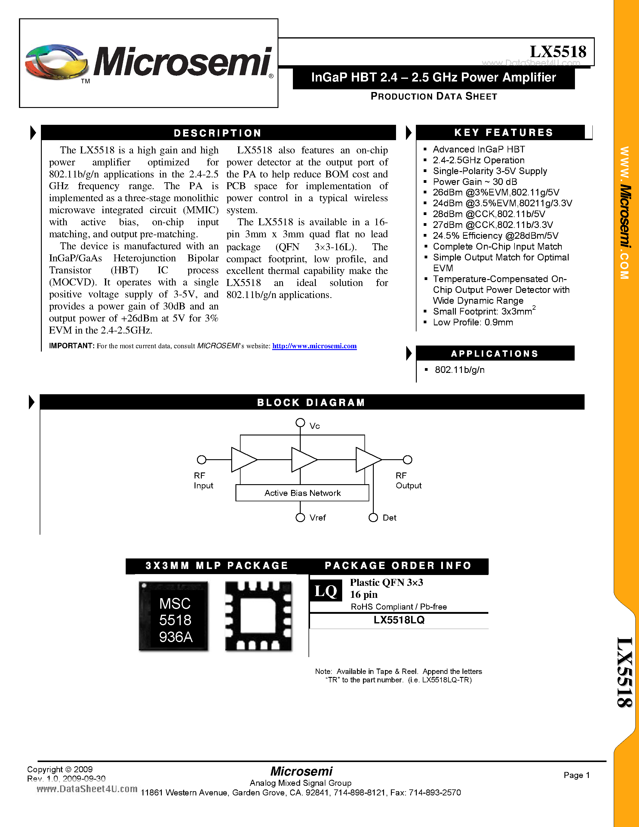 Datasheet LX5518 - InGaP HBT 2.4 - 2.5 GHz Power Amplifier page 1