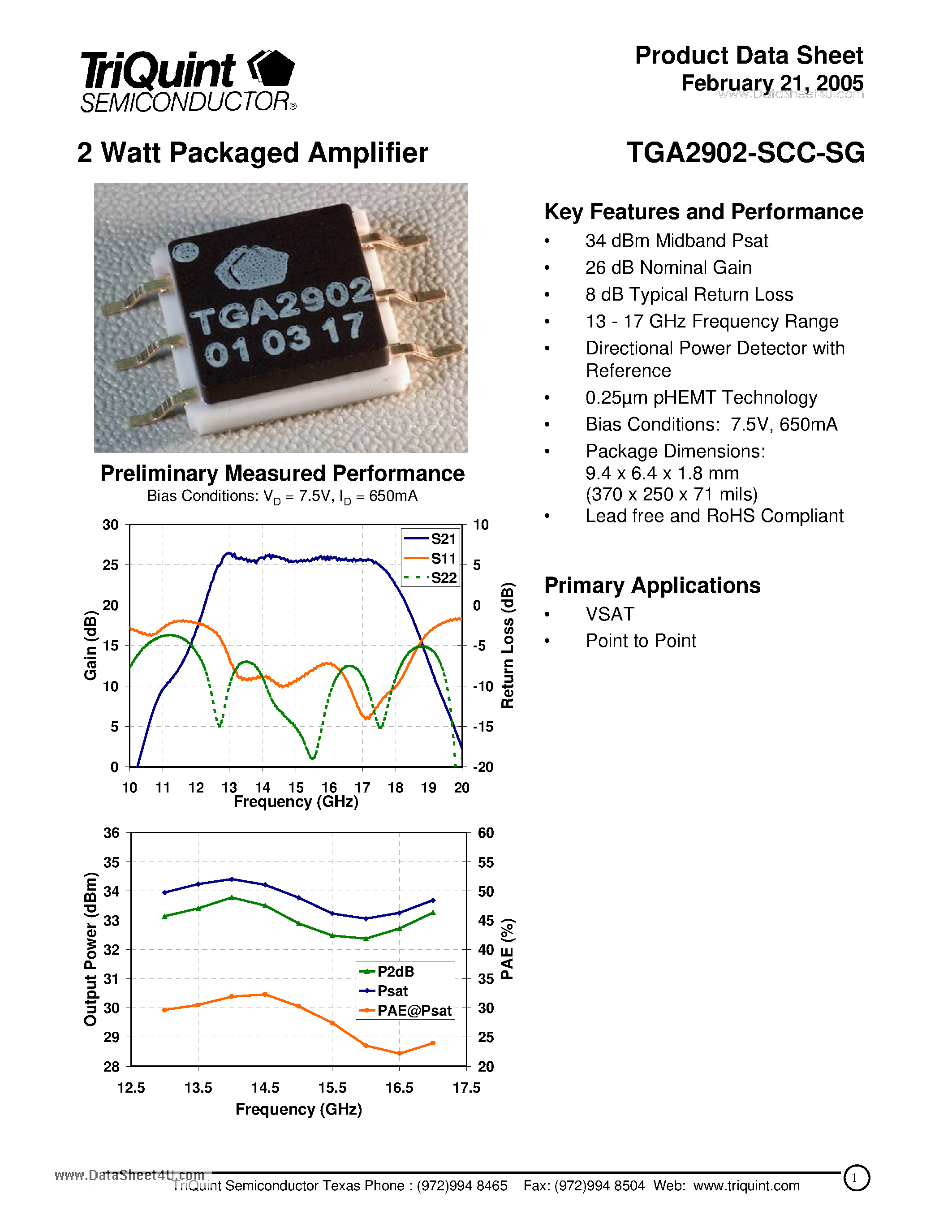 Datasheet TGA2902-SCC-SG - 2 Watt Packaged Amplifier page 1