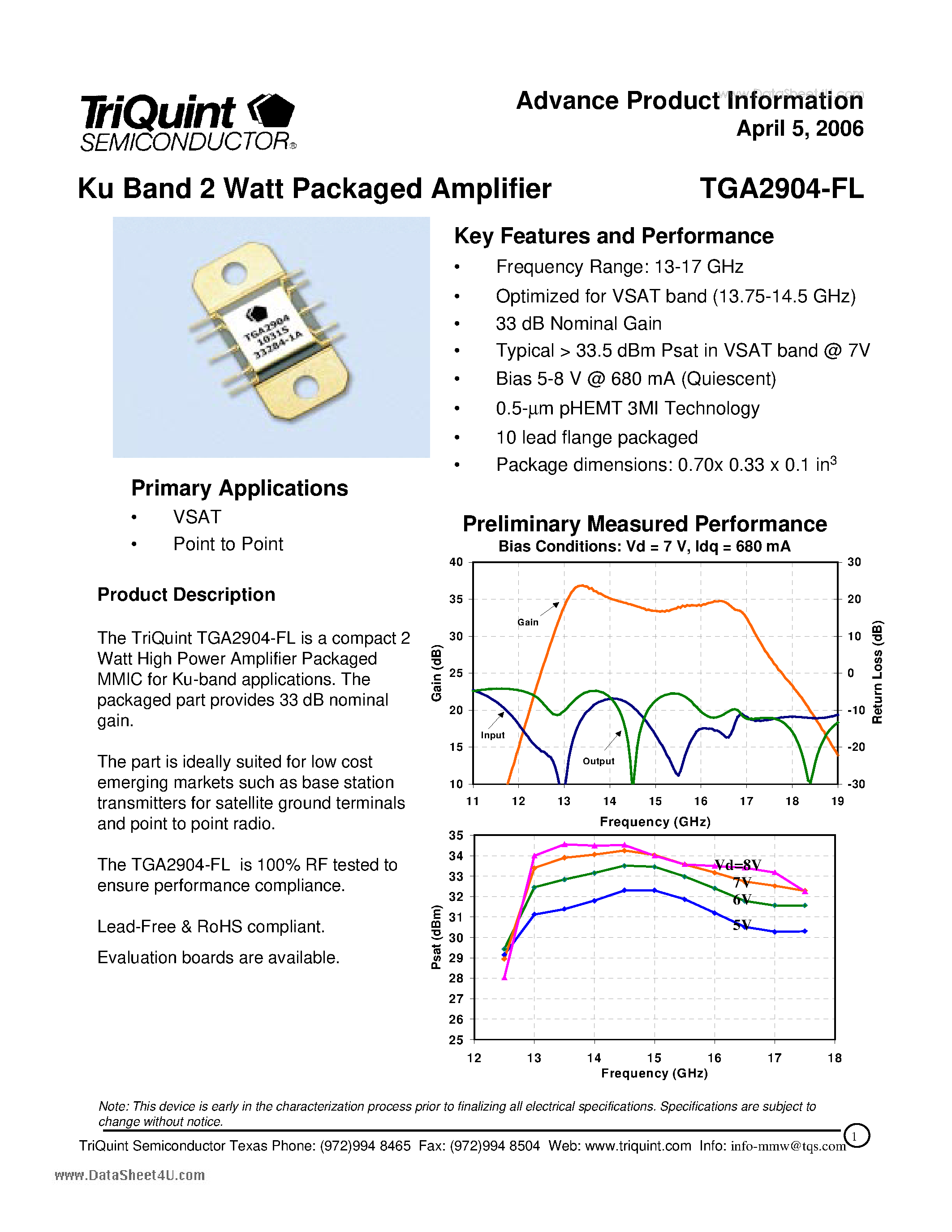 Datasheet TGA2904-FL - Ku Band 2 Watt Packaged Amplifier page 1