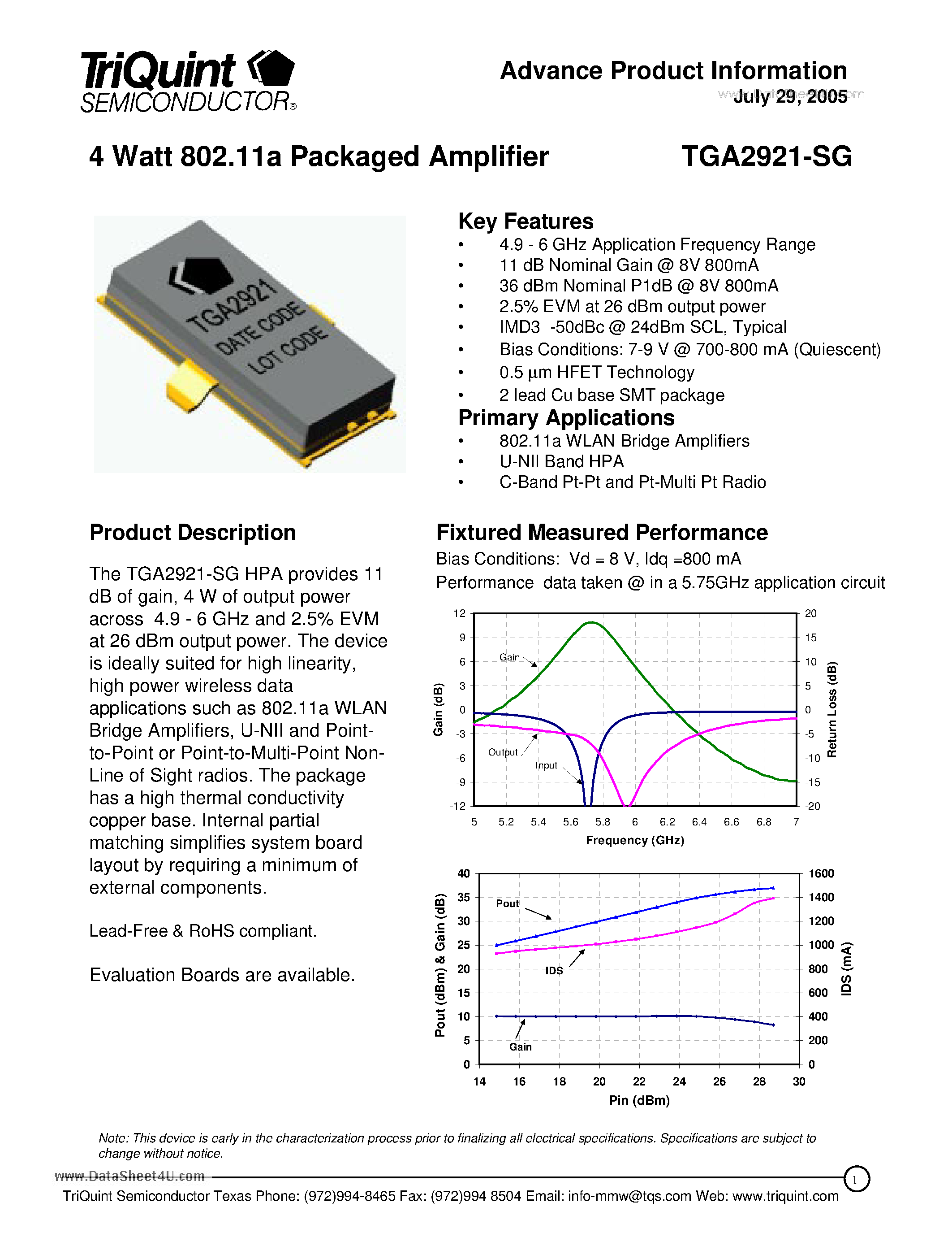 Datasheet TGA2921-SG - 4 Watt 802.11a Packaged Amplifier page 1