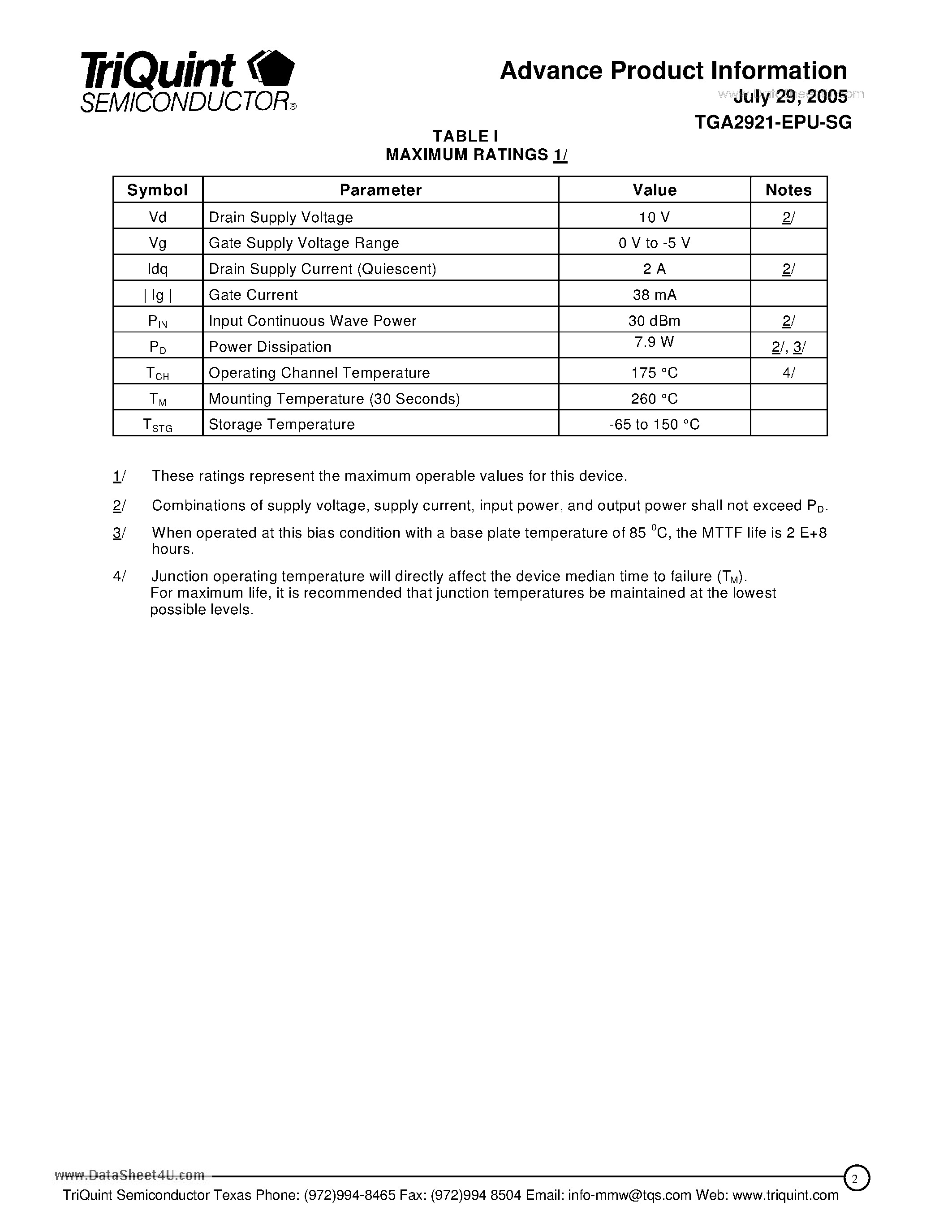 Datasheet TGA2921-SG - 4 Watt 802.11a Packaged Amplifier page 2
