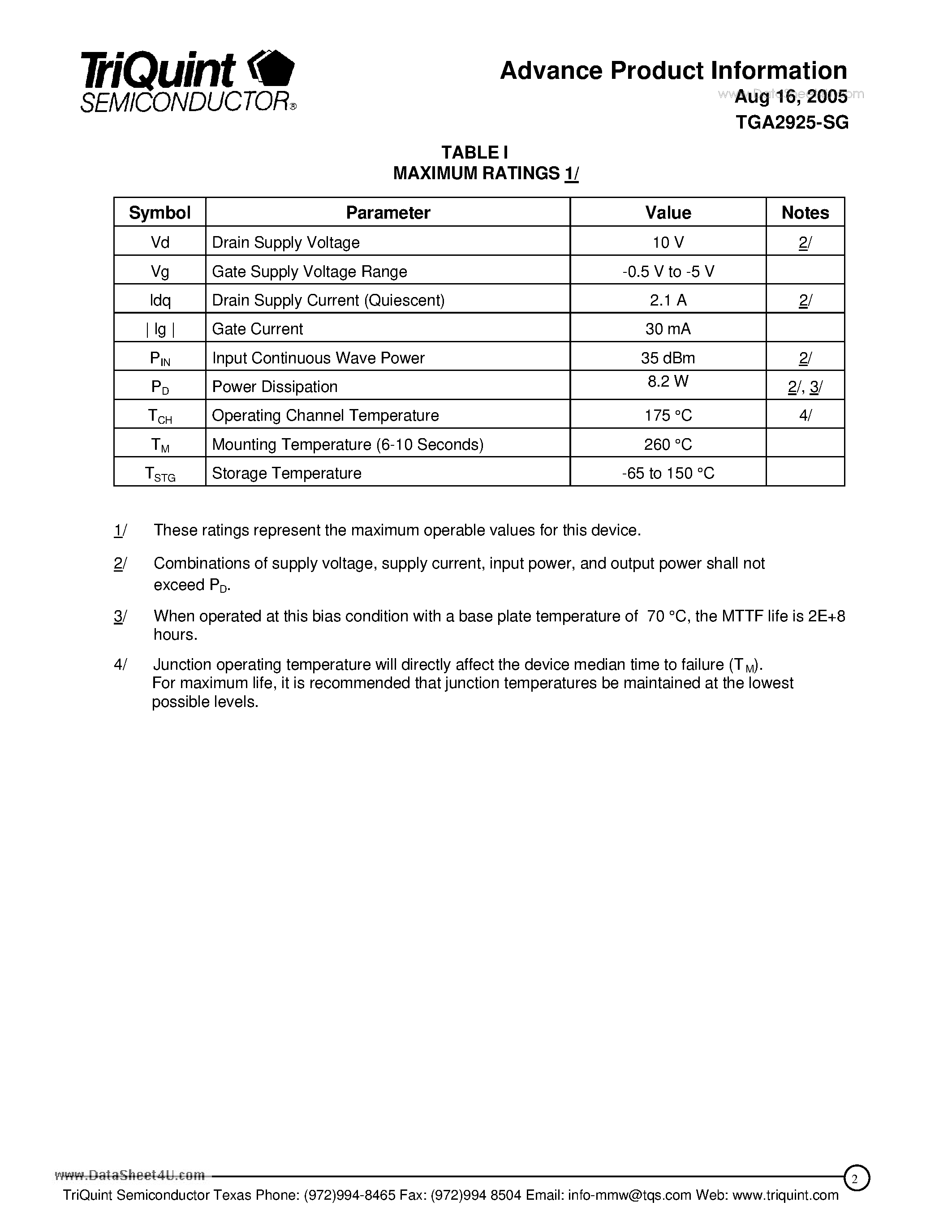 Datasheet TGA2925-SG - 5.6 Watt 3.5GHz Packaged HPA page 2