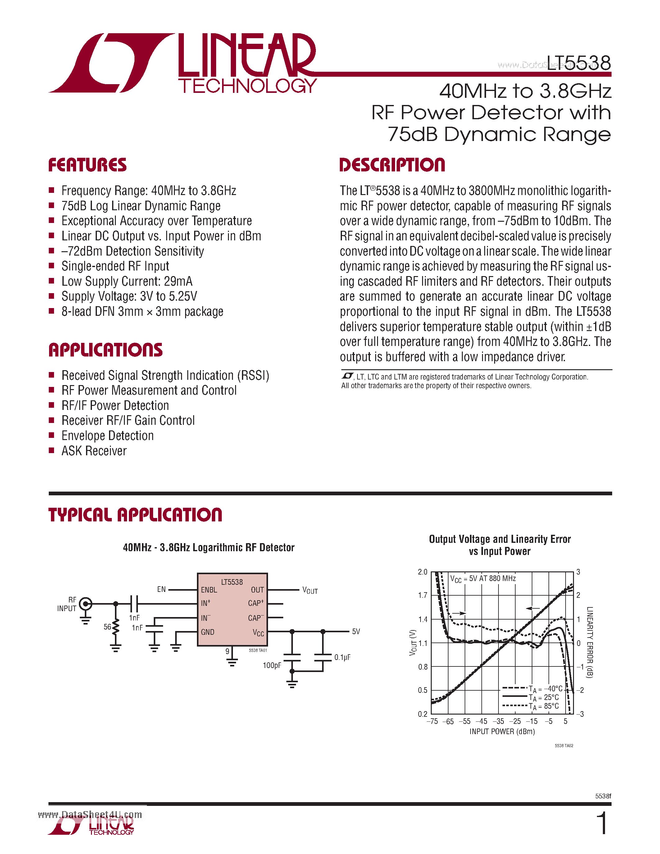 Datasheet LT5538 - 40MHz to 3.8GHz RF Power Detector page 1