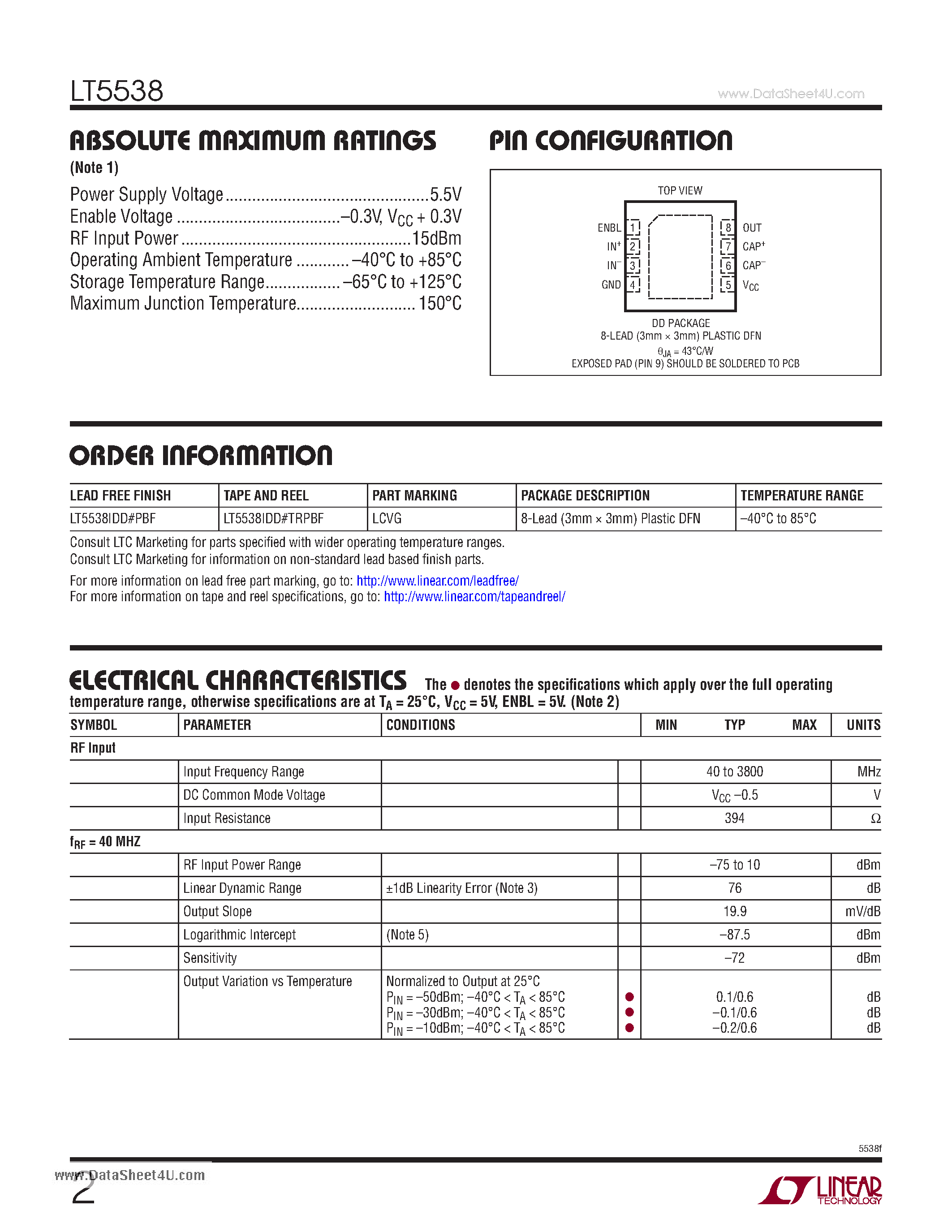 Datasheet LT5538 - 40MHz to 3.8GHz RF Power Detector page 2