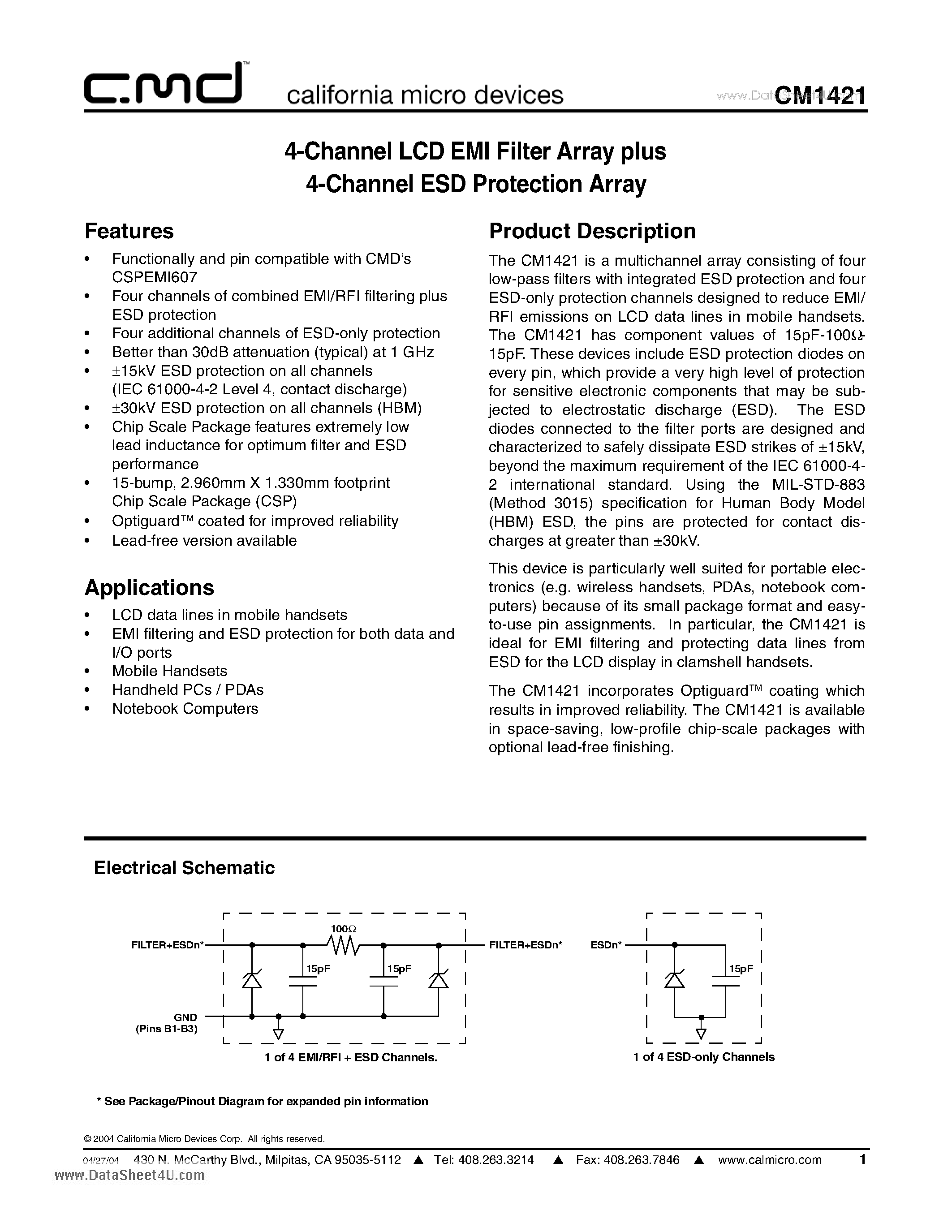 Datasheet CM1421 - 4-Channel LCD EMI Filter Array plus/4-Channel ESD Protection Array page 1