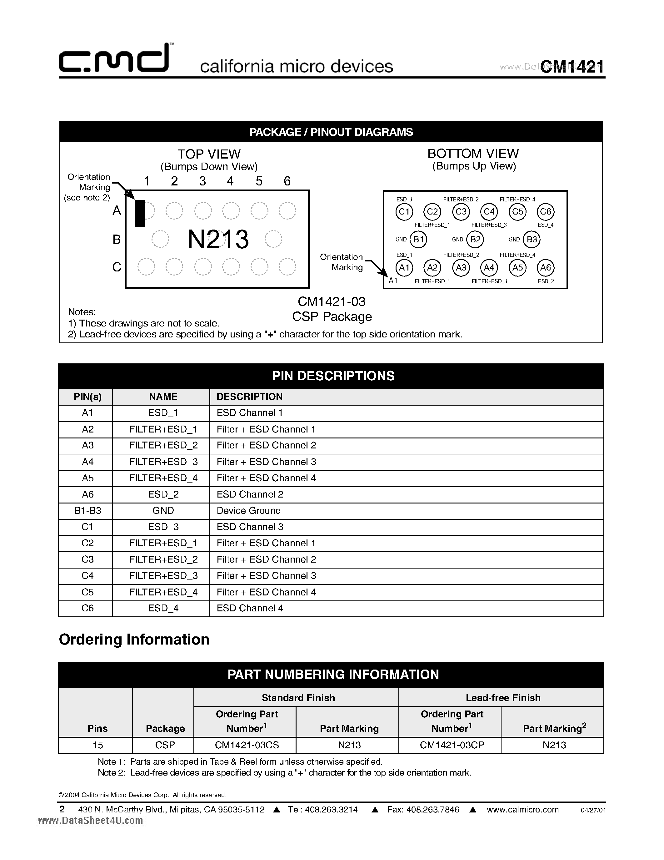 Datasheet CM1421 - 4-Channel LCD EMI Filter Array plus/4-Channel ESD Protection Array page 2