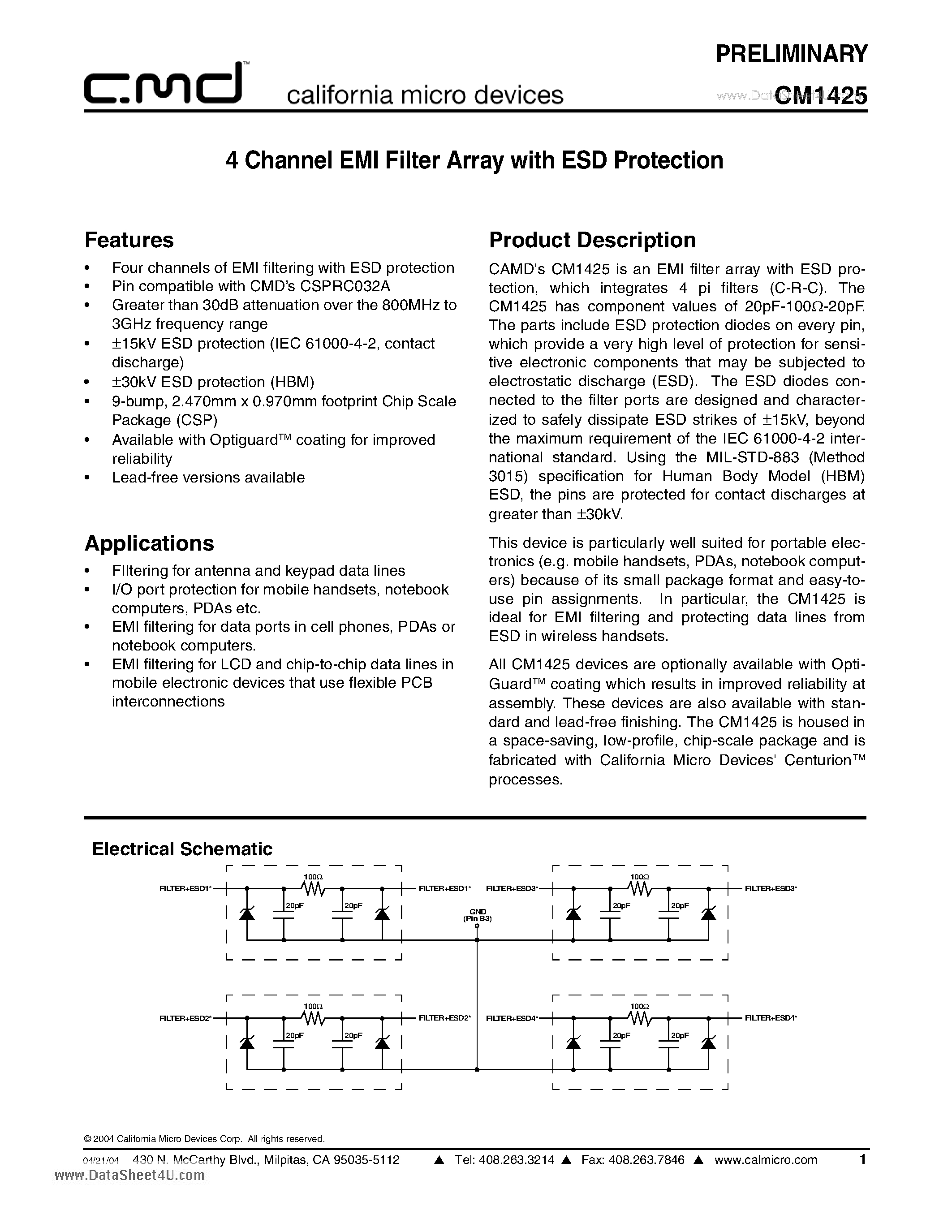 Datasheet CM1425 - 4 Channel EMI Filter Array with ESD Protection page 1